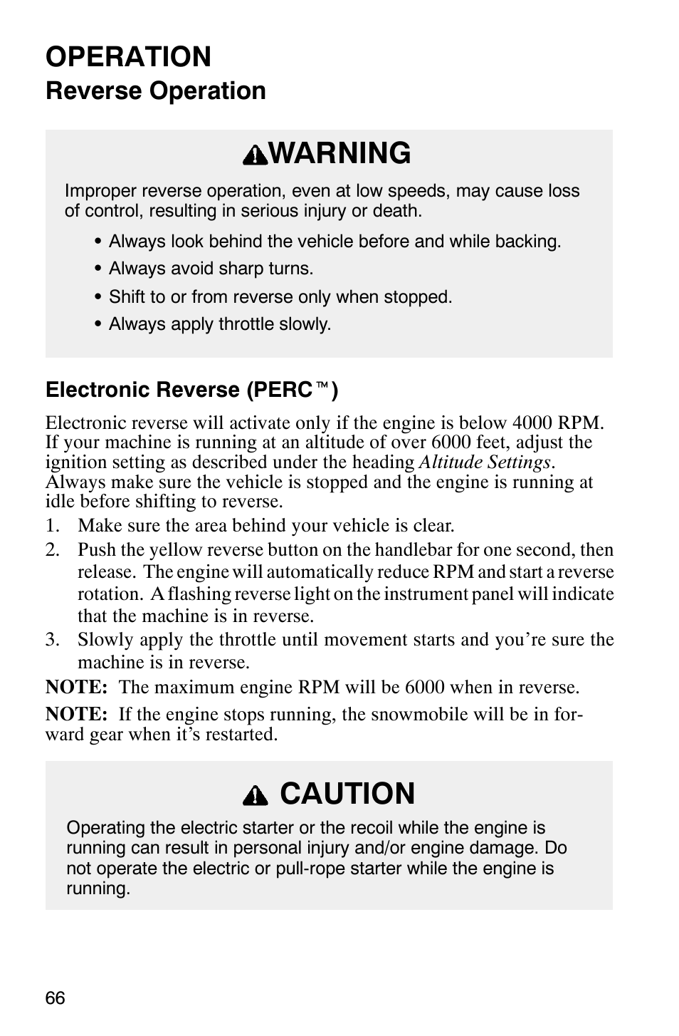 Warning, Caution, Operation | Reverse operation | Polaris 800 Pro X User Manual | Page 68 / 129