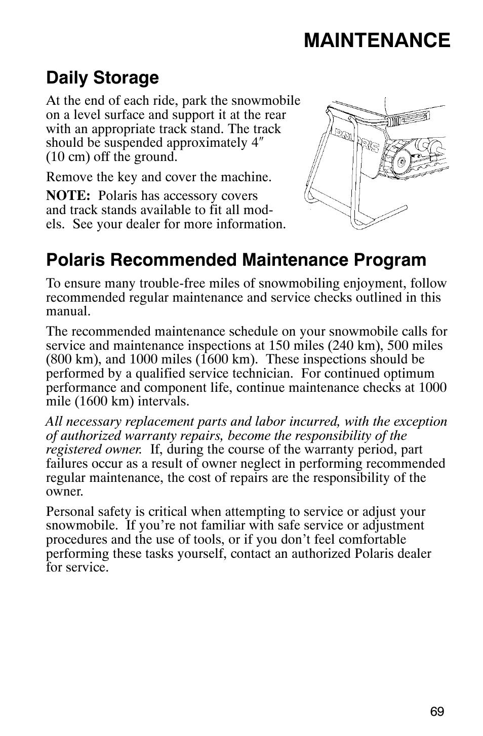 Maintenance, Daily storage, Polaris recommended maintenance program | Polaris 800 Pro X User Manual | Page 71 / 129