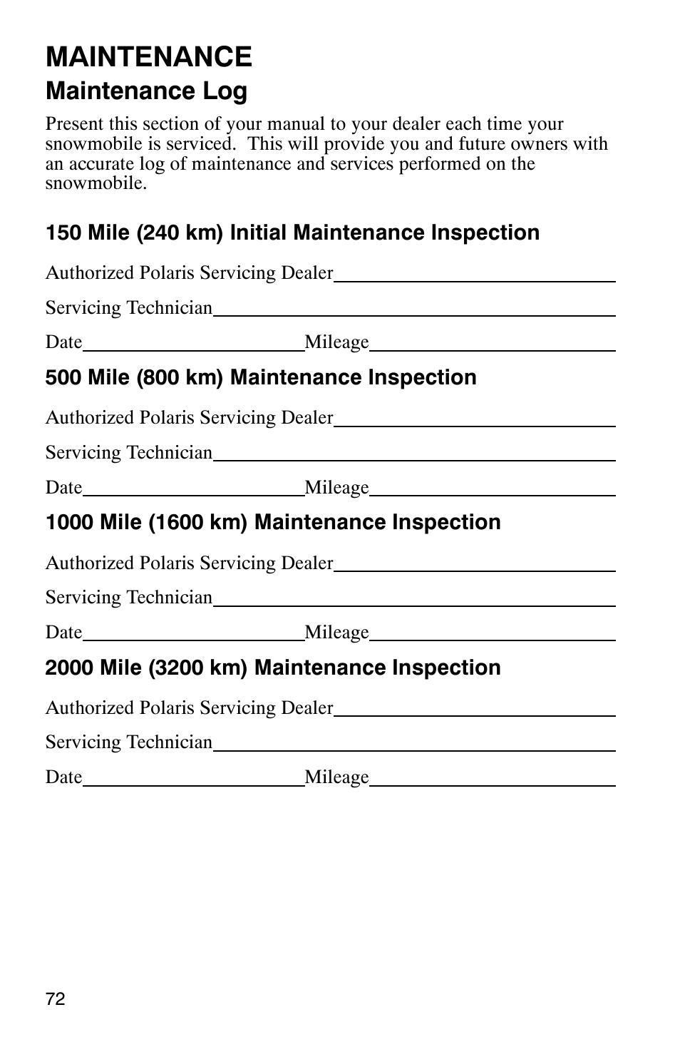 Maintenance, Maintenance log | Polaris 800 Pro X User Manual | Page 74 / 129