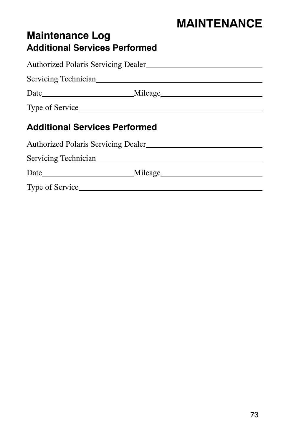 Maintenance, Maintenance log | Polaris 800 Pro X User Manual | Page 75 / 129