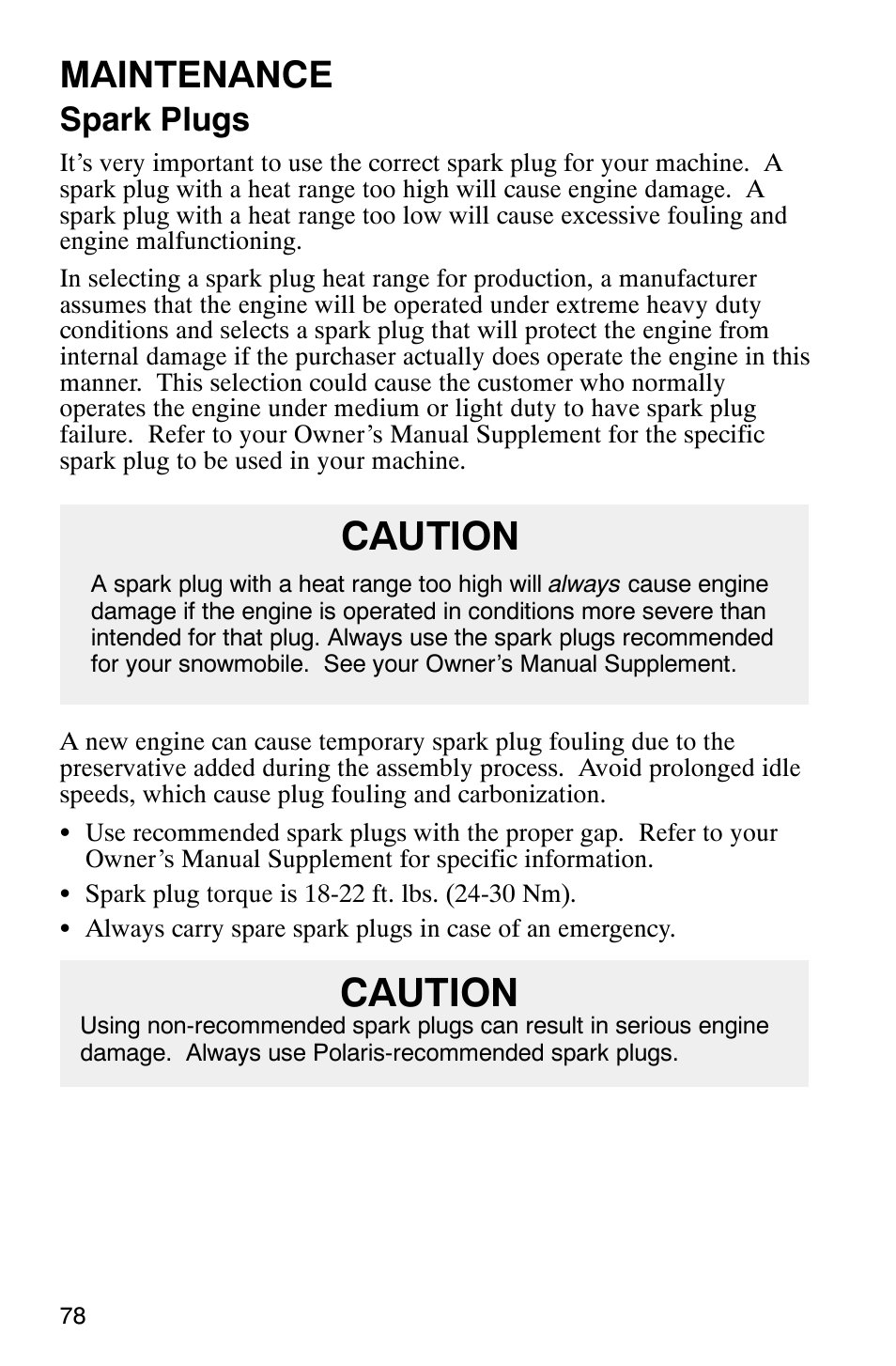 Caution, Maintenance, Spark plugs | Polaris 800 Pro X User Manual | Page 80 / 129