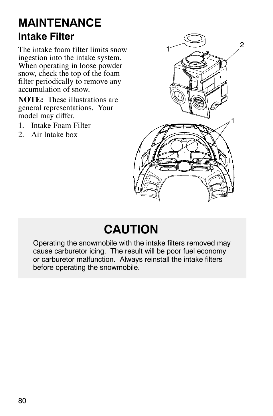 Caution, Maintenance, Intake filter | Polaris 800 Pro X User Manual | Page 82 / 129