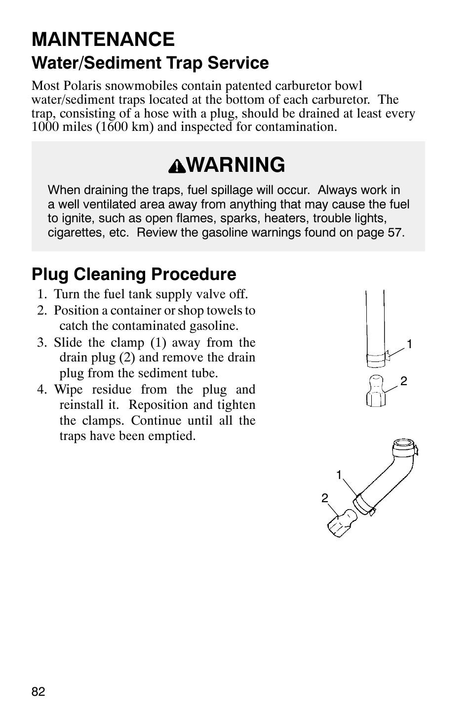 Warning, Maintenance, Water/sediment trap service | Plug cleaning procedure | Polaris 800 Pro X User Manual | Page 84 / 129