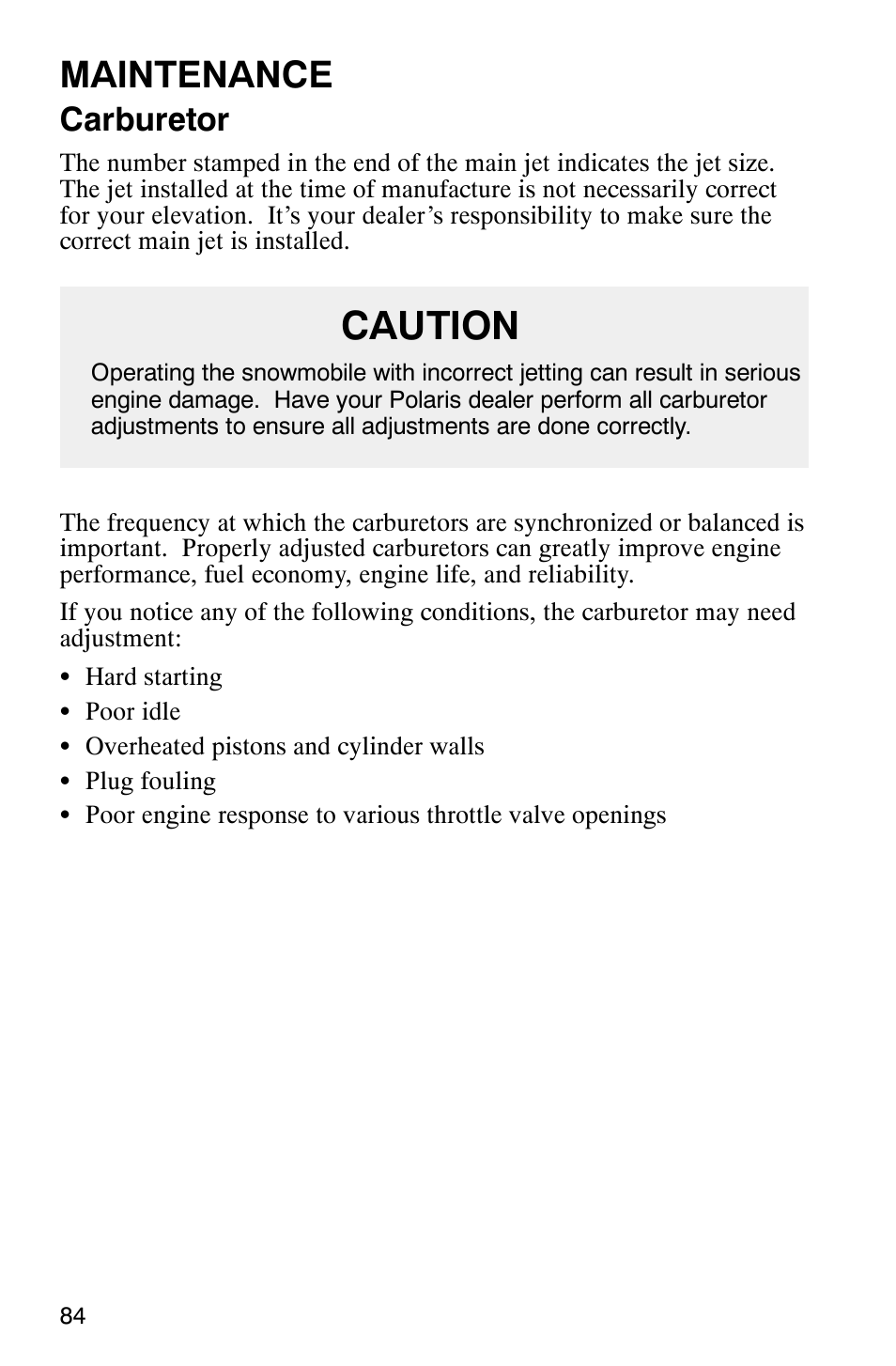 Caution, Maintenance, Carburetor | Polaris 800 Pro X User Manual | Page 86 / 129