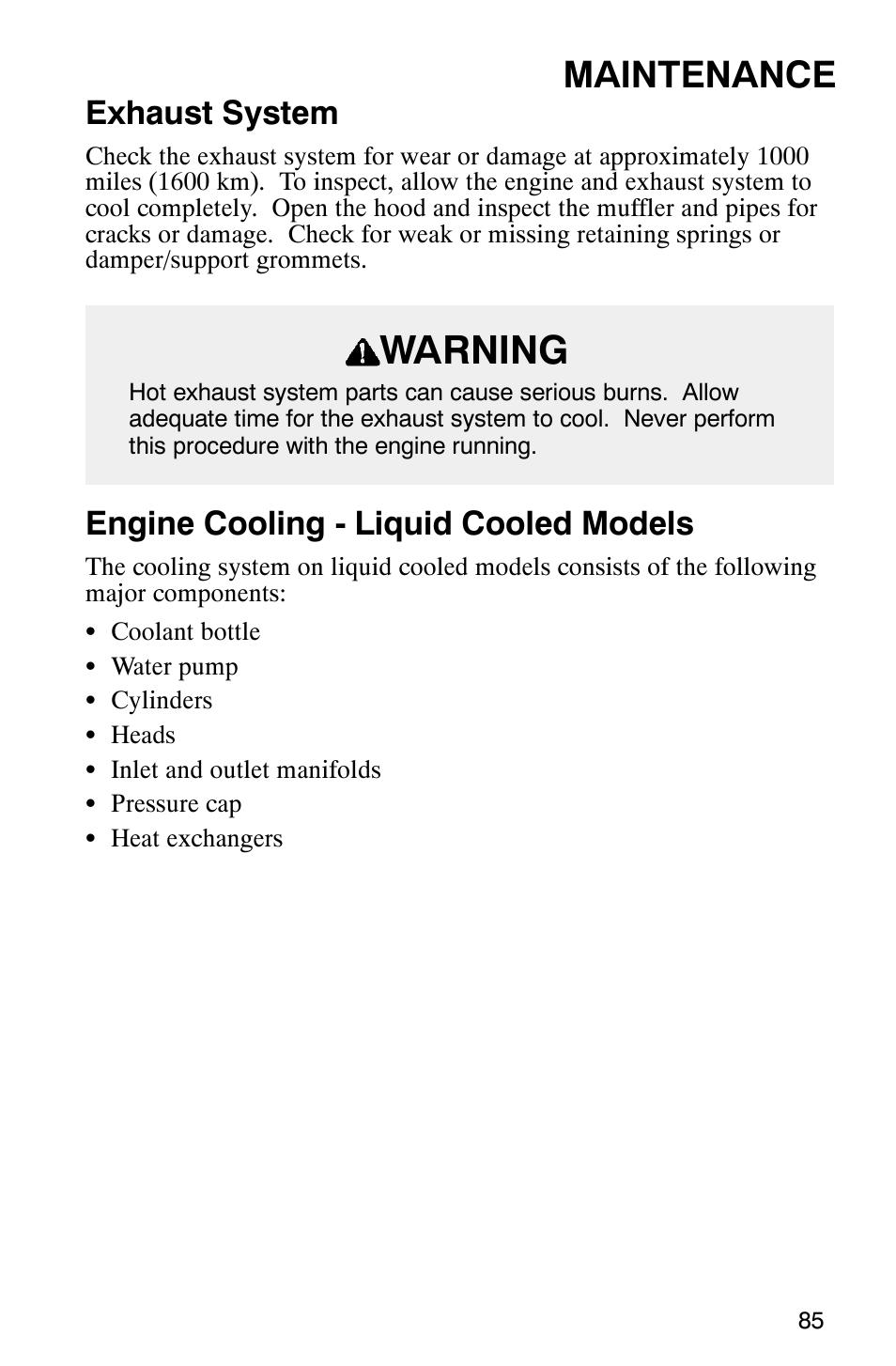 Warning, Maintenance, Exhaust system | Engine cooling - liquid cooled models | Polaris 800 Pro X User Manual | Page 87 / 129