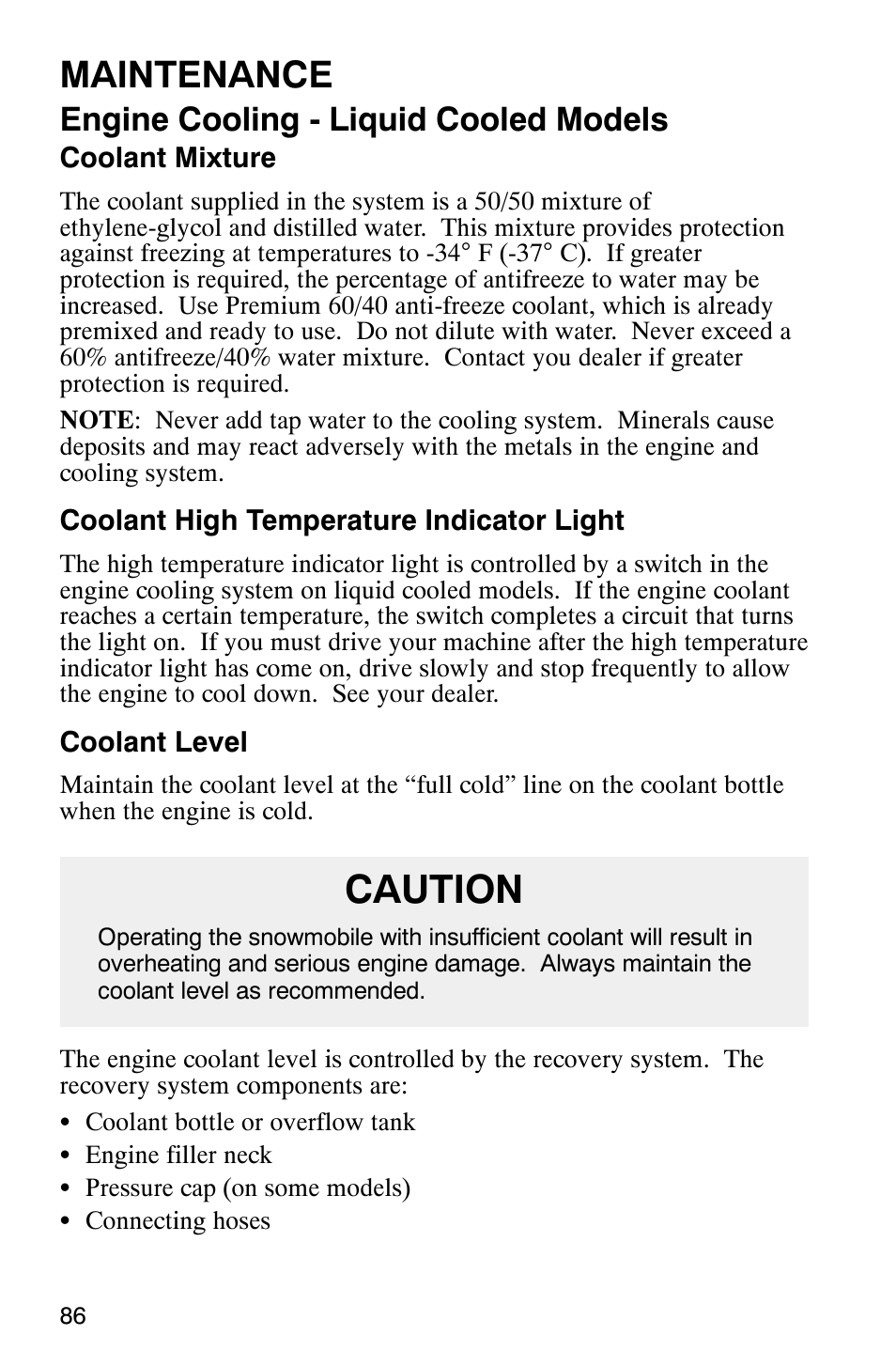 Caution, Maintenance, Engine cooling - liquid cooled models | Polaris 800 Pro X User Manual | Page 88 / 129