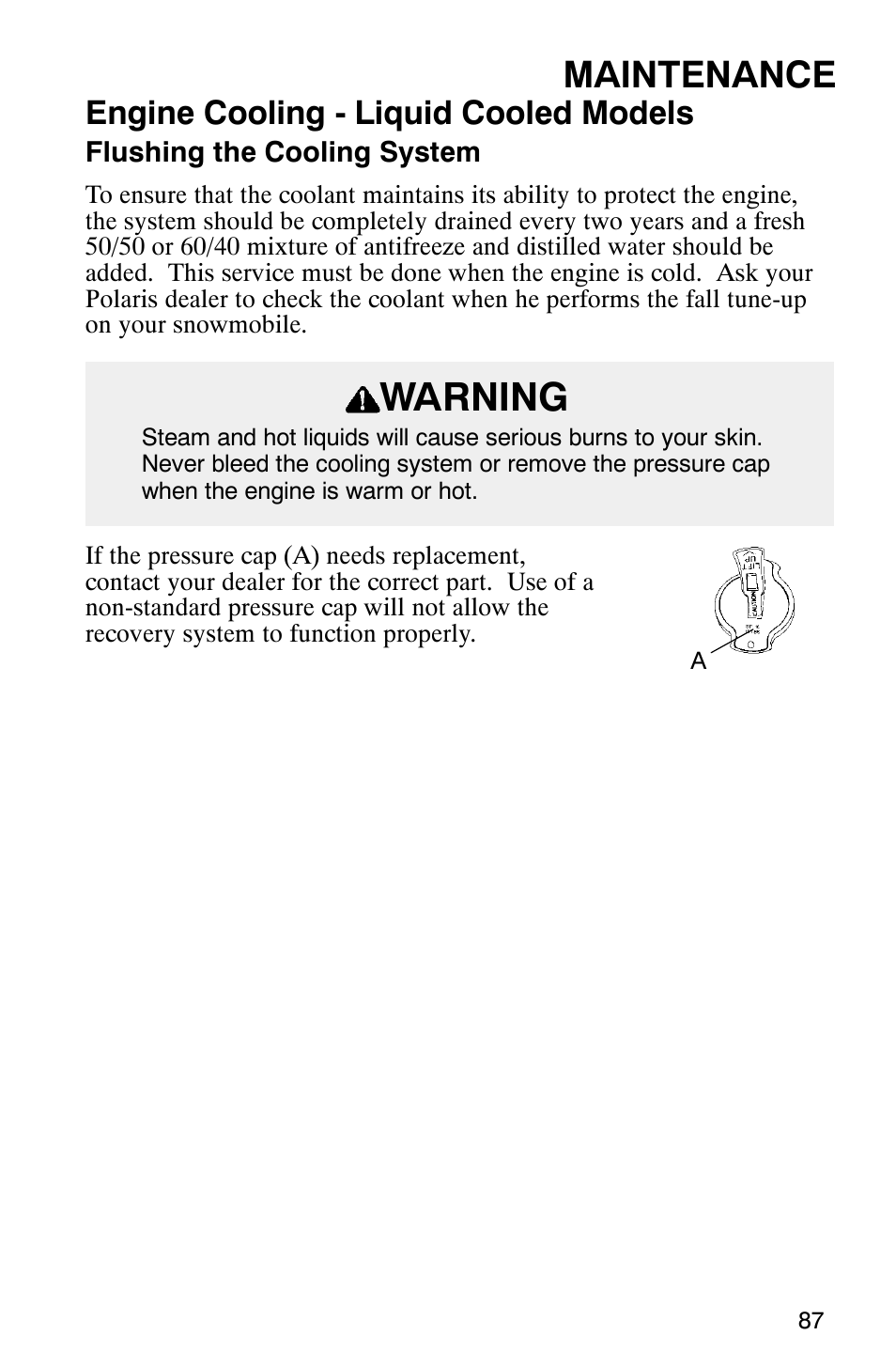 Warning, Maintenance, Engine cooling - liquid cooled models | Polaris 800 Pro X User Manual | Page 89 / 129