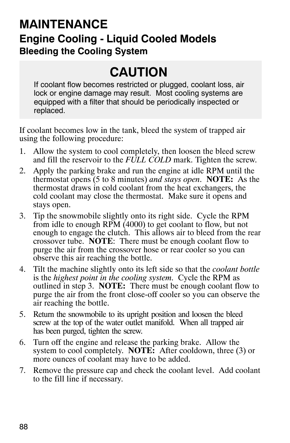 Caution, Maintenance, Engine cooling - liquid cooled models | Polaris 800 Pro X User Manual | Page 90 / 129