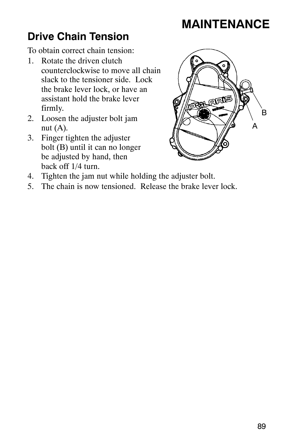 Maintenance, Drive chain tension | Polaris 800 Pro X User Manual | Page 91 / 129