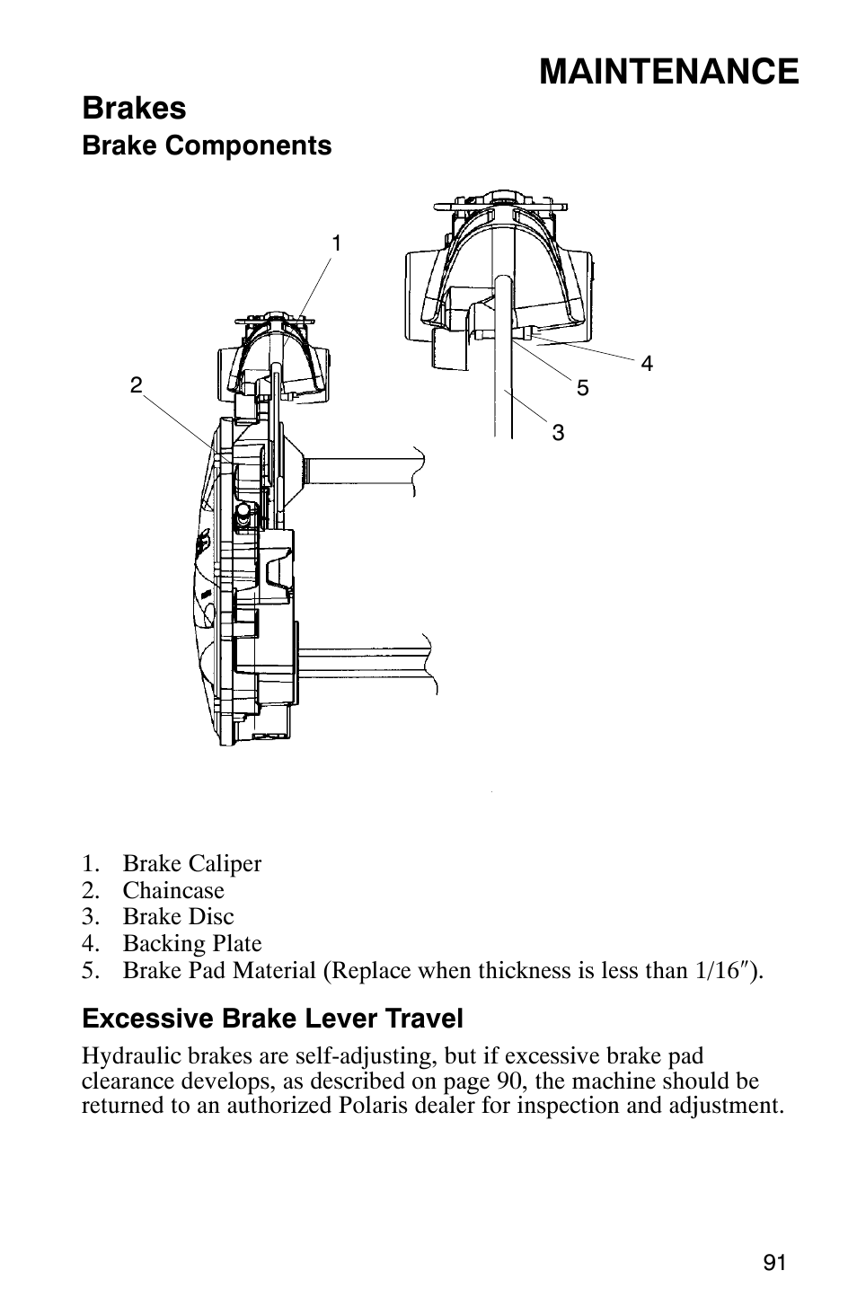 Maintenance, Brakes | Polaris 800 Pro X User Manual | Page 93 / 129