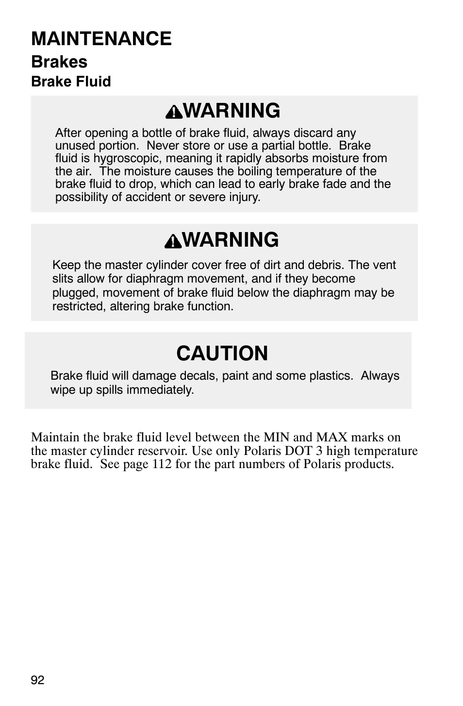 Warning, Caution, Maintenance | Brakes | Polaris 800 Pro X User Manual | Page 94 / 129