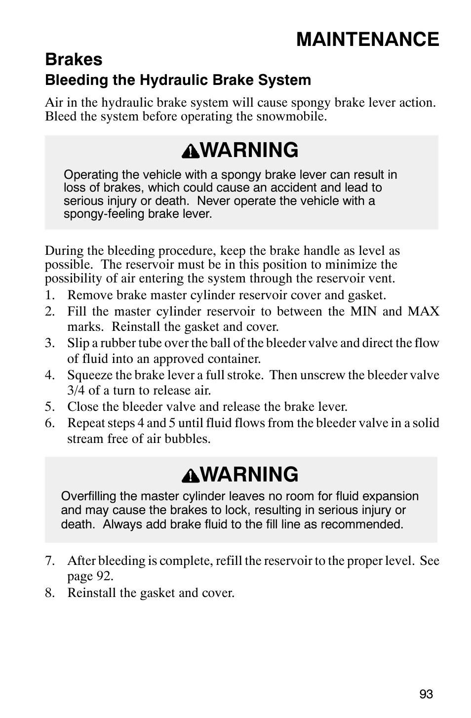 Warning, Maintenance, Brakes | Polaris 800 Pro X User Manual | Page 95 / 129