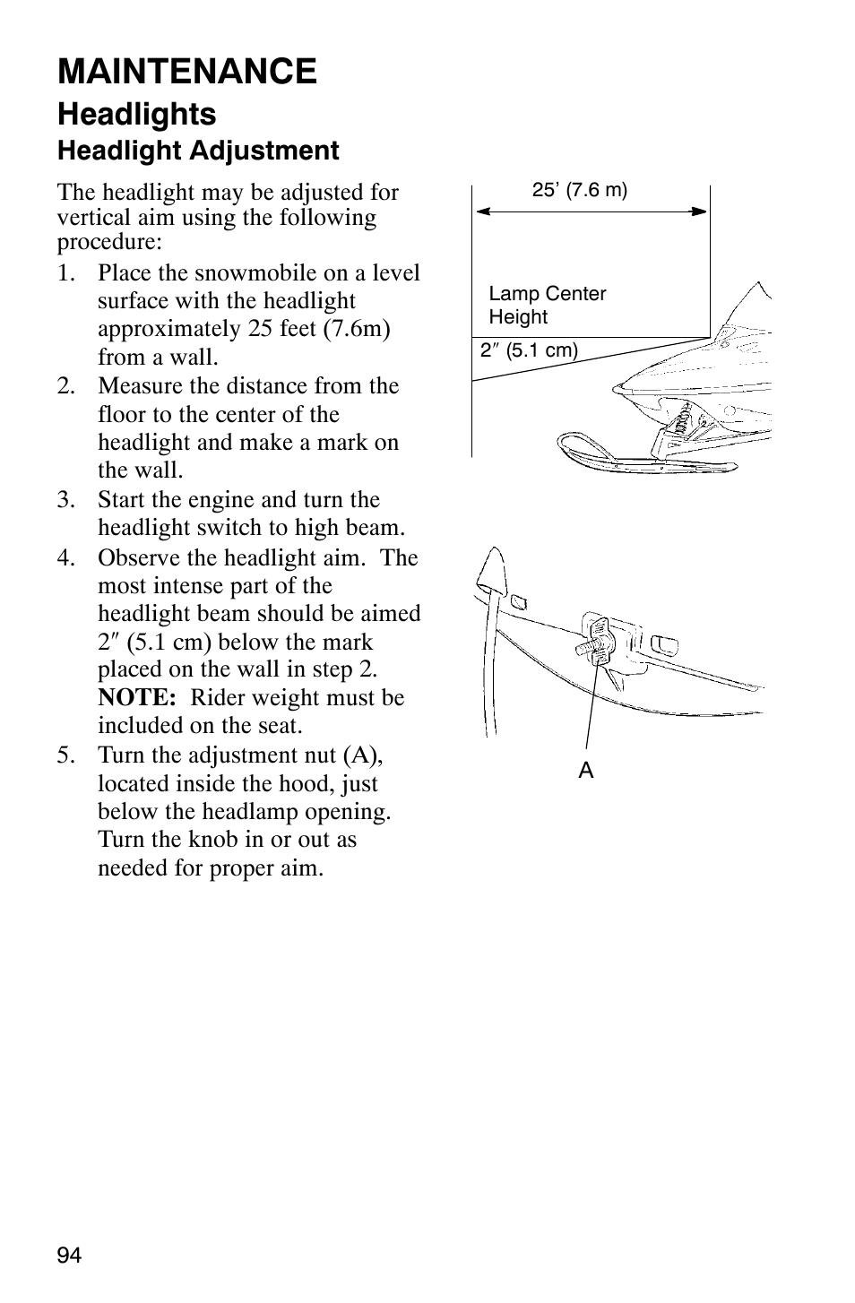 Maintenance, Headlights | Polaris 800 Pro X User Manual | Page 96 / 129