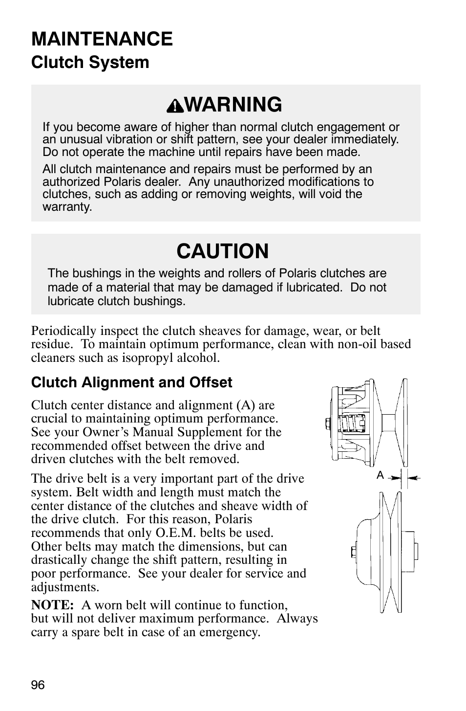 Warning, Caution, Maintenance | Clutch system | Polaris 800 Pro X User Manual | Page 98 / 129