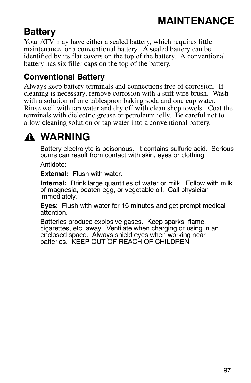 Maintenance, Warning, Battery | Polaris SCRAMBER 500 User Manual | Page 100 / 129