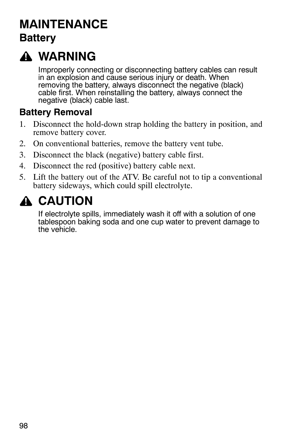 Maintenance, Warning, Caution | Battery | Polaris SCRAMBER 500 User Manual | Page 101 / 129