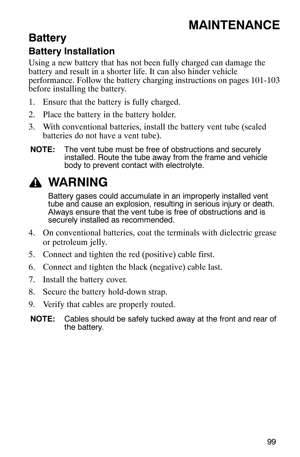 Maintenance, Warning, Battery | Polaris SCRAMBER 500 User Manual | Page 102 / 129