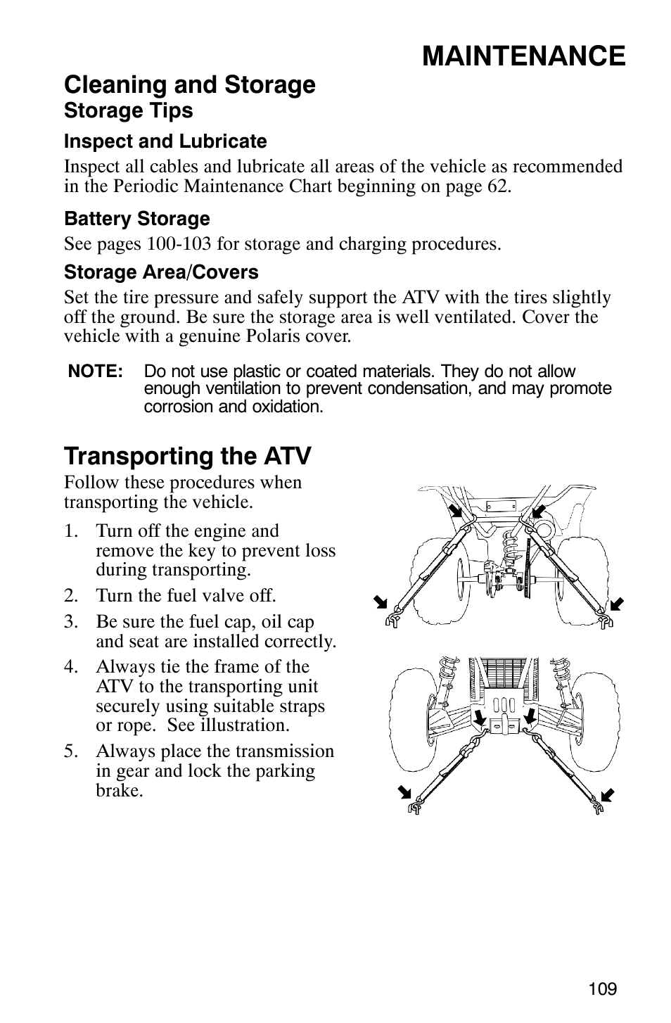 Maintenance, Cleaning and storage, Transporting the atv | Polaris SCRAMBER 500 User Manual | Page 112 / 129