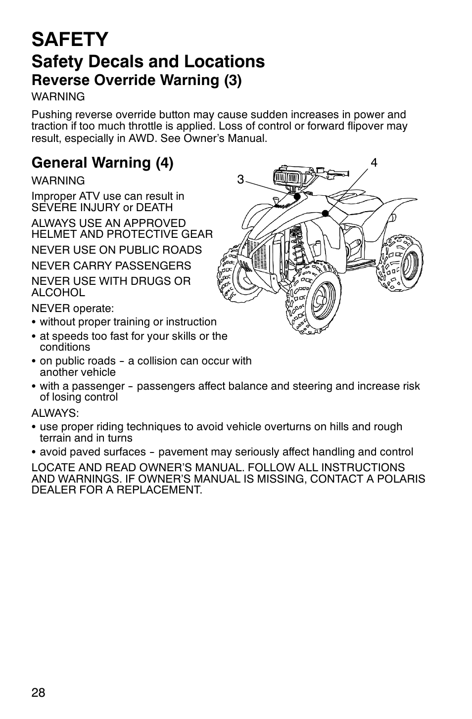 Safety, Safety decals and locations, Reverse override warning (3) | General warning (4) | Polaris SCRAMBER 500 User Manual | Page 31 / 129