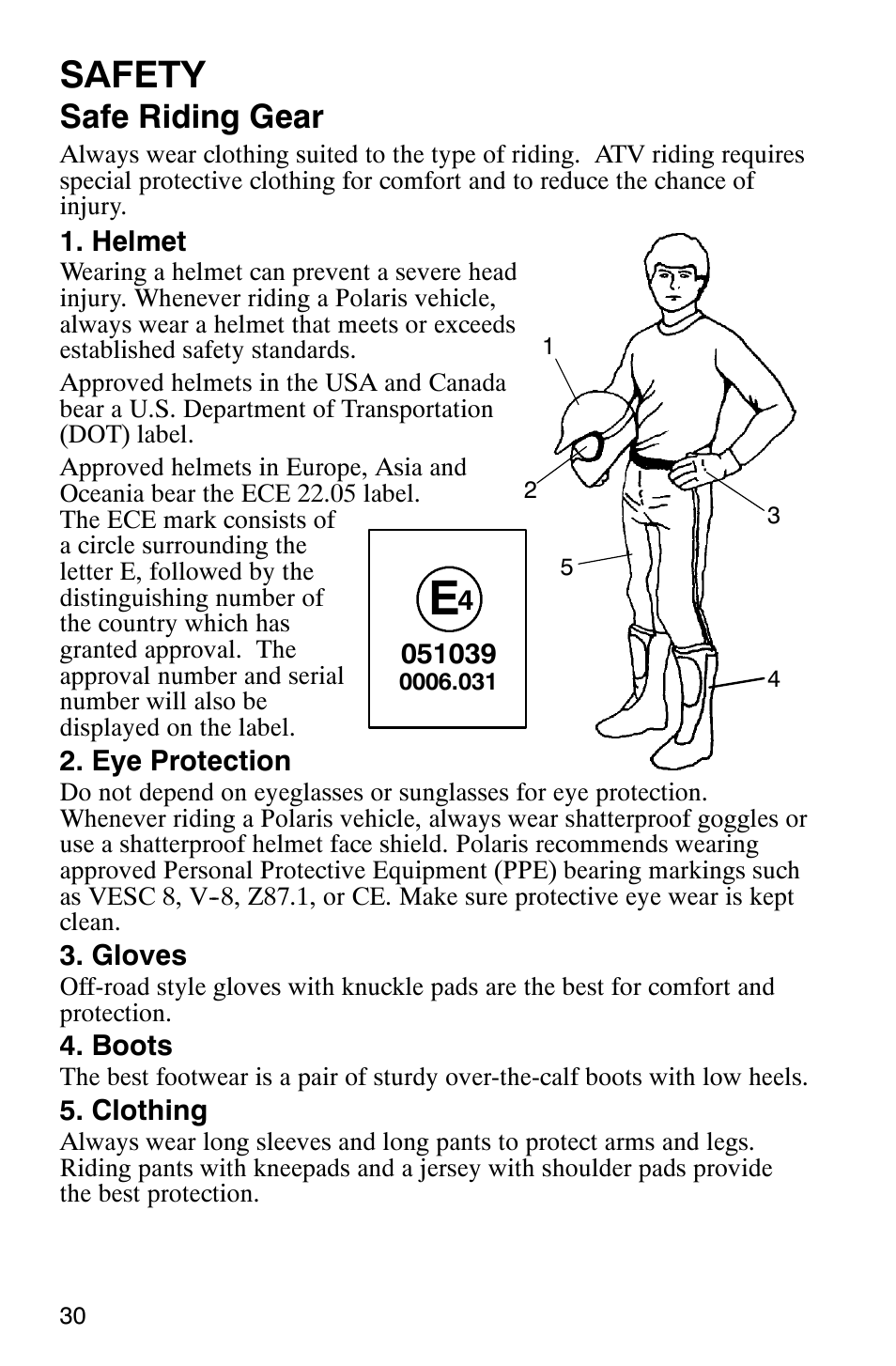Safety, Safe riding gear | Polaris SCRAMBER 500 User Manual | Page 33 / 129