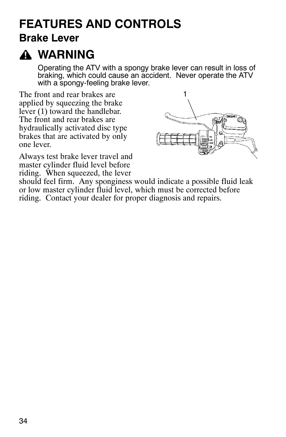 Features and controls, Warning, Brake lever | Polaris SCRAMBER 500 User Manual | Page 37 / 129