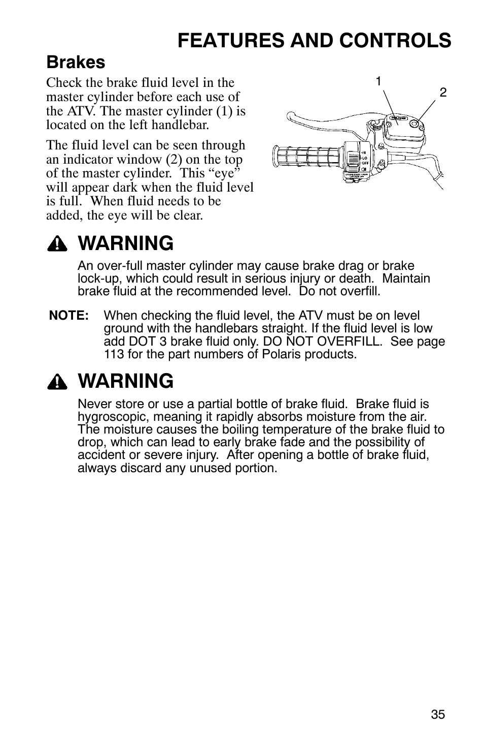 Features and controls, Warning, Brakes | Polaris SCRAMBER 500 User Manual | Page 38 / 129