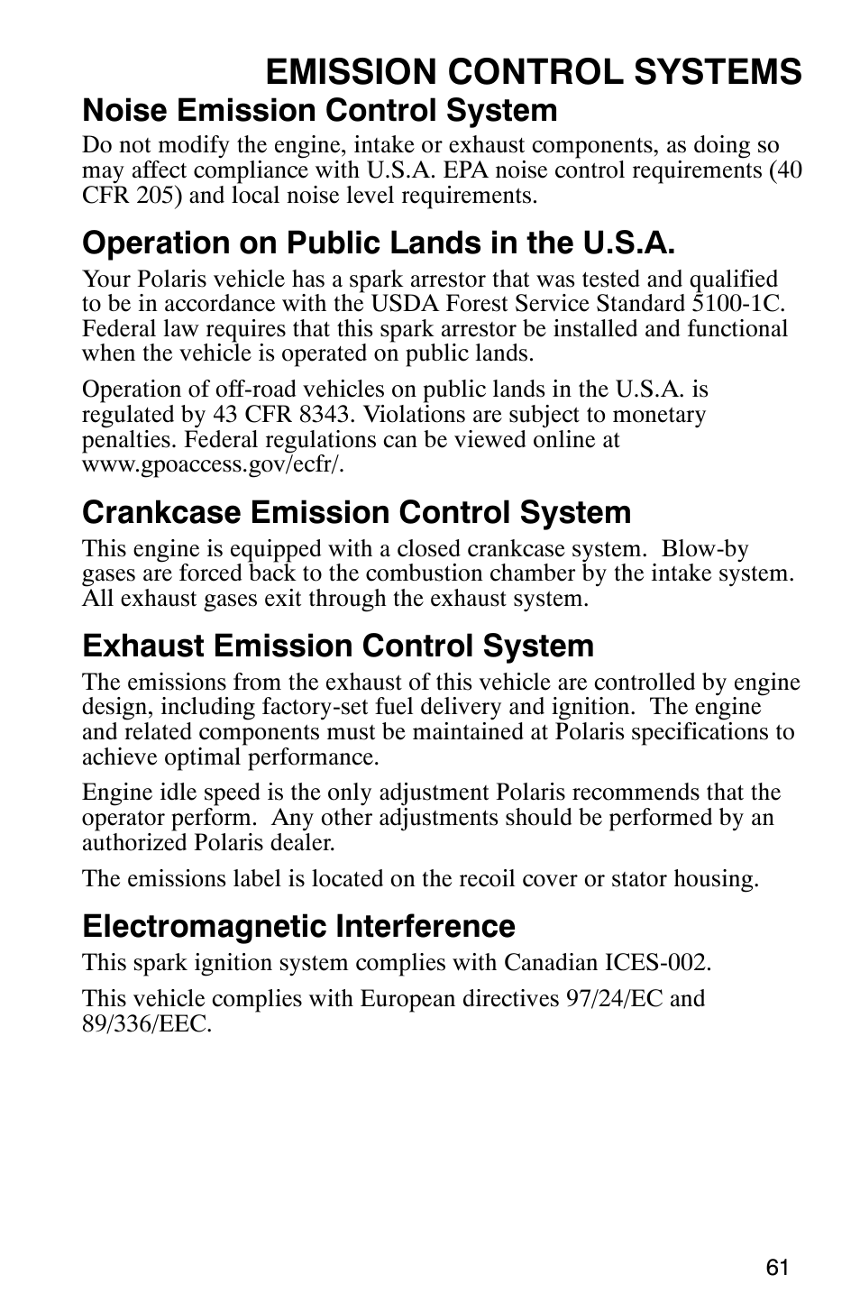 Emission control systems, Noise emission control system, Operation on public lands in the u.s.a | Crankcase emission control system, Exhaust emission control system, Electromagnetic interference | Polaris SCRAMBER 500 User Manual | Page 64 / 129