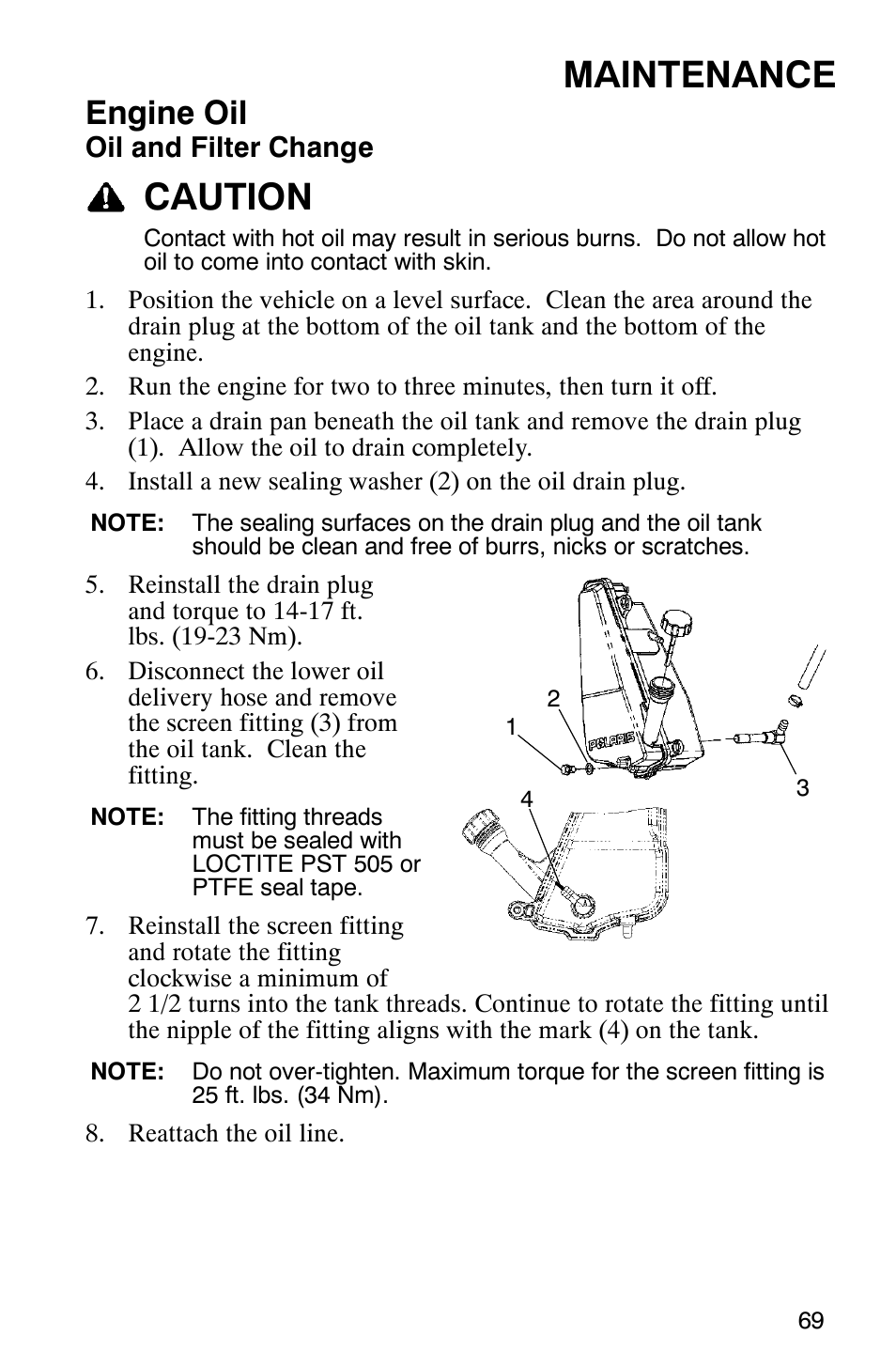 Maintenance, Caution, Engine oil | Polaris SCRAMBER 500 User Manual | Page 72 / 129
