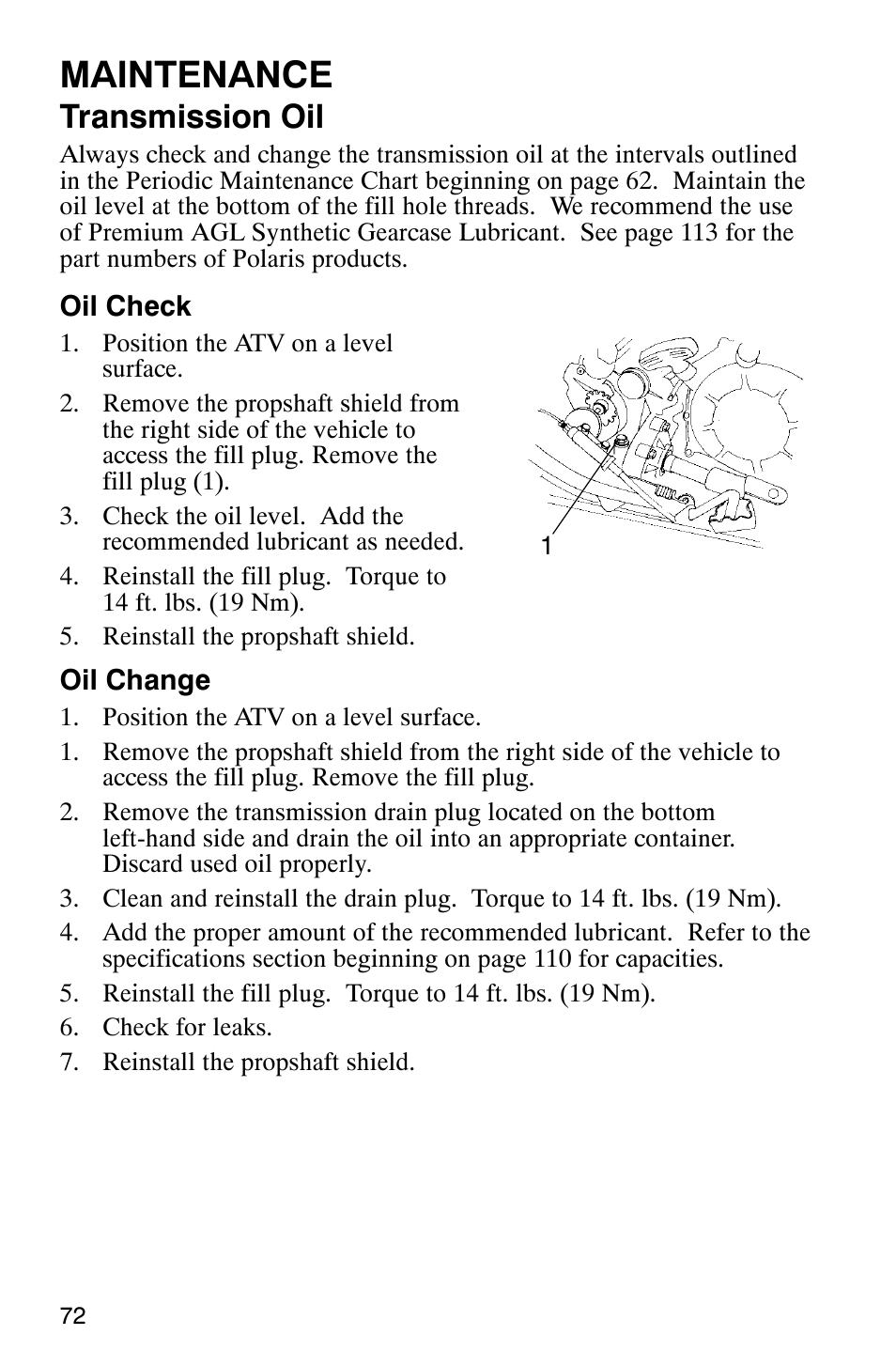Maintenance, Transmission oil | Polaris SCRAMBER 500 User Manual | Page 75 / 129