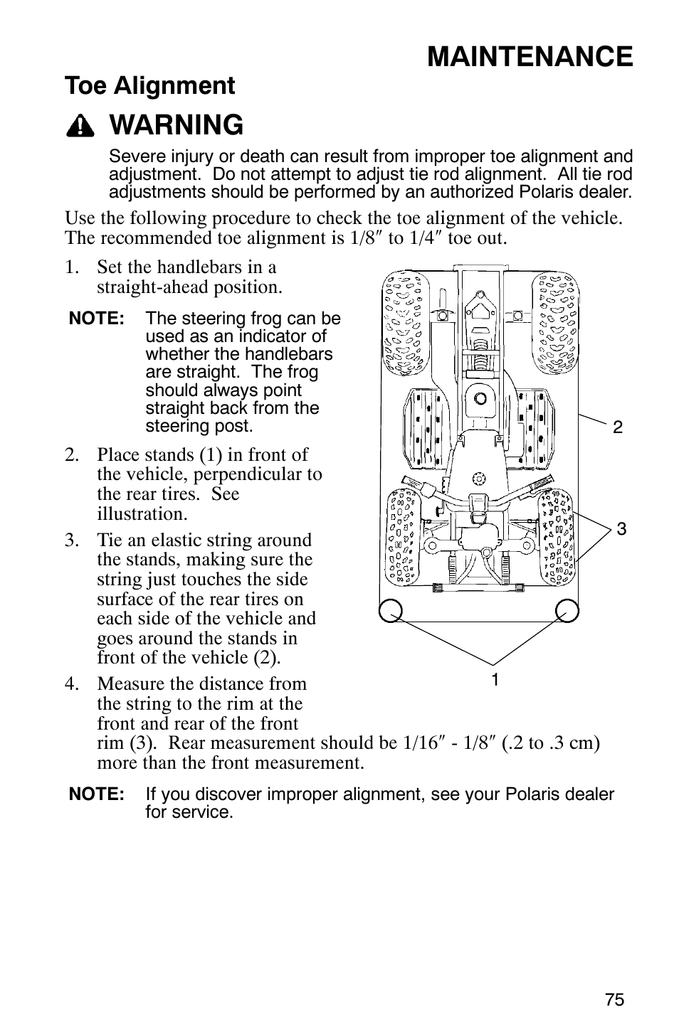 Maintenance, Warning, Toe alignment | Polaris SCRAMBER 500 User Manual | Page 78 / 129