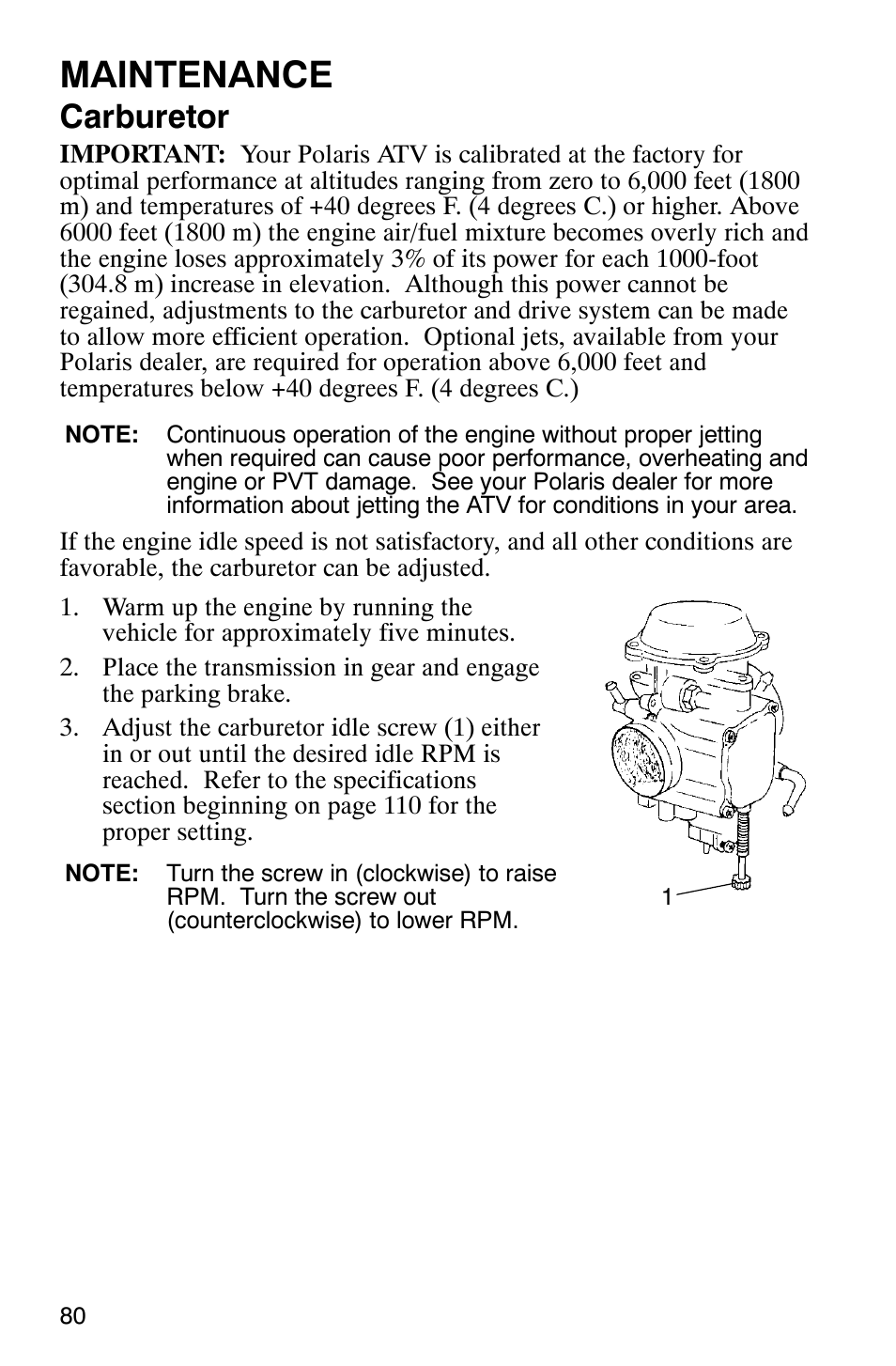 Maintenance, Carburetor | Polaris SCRAMBER 500 User Manual | Page 83 / 129