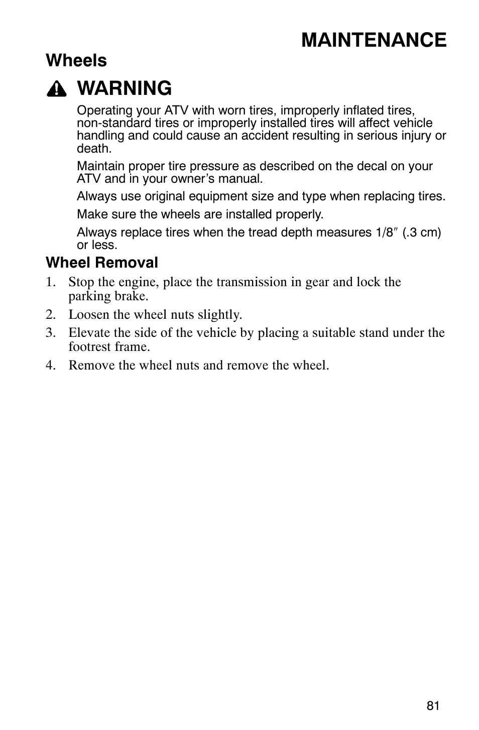 Maintenance, Warning, Wheels | Polaris SCRAMBER 500 User Manual | Page 84 / 129