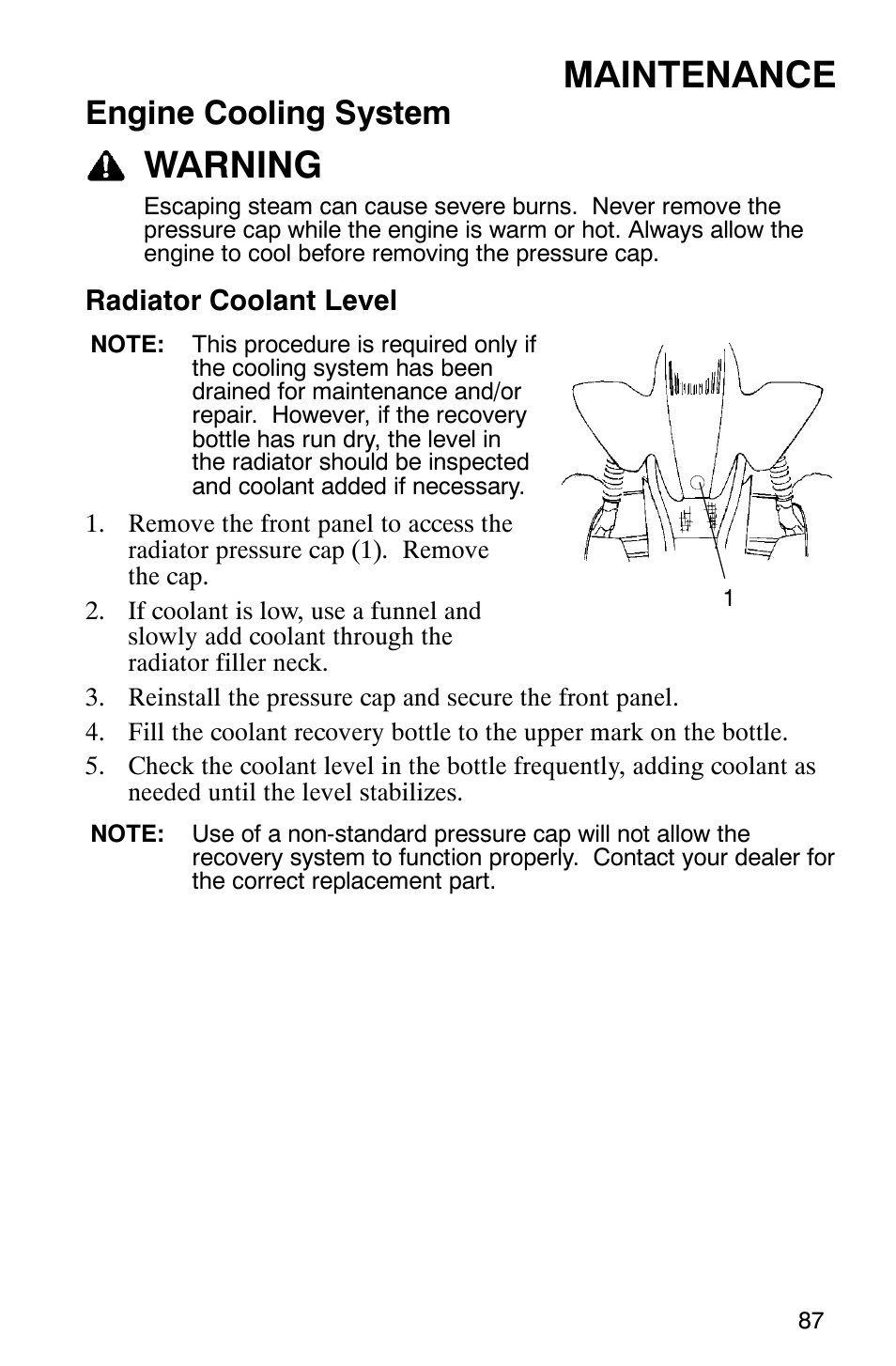 Maintenance, Warning, Engine cooling system | Polaris SCRAMBER 500 User Manual | Page 90 / 129