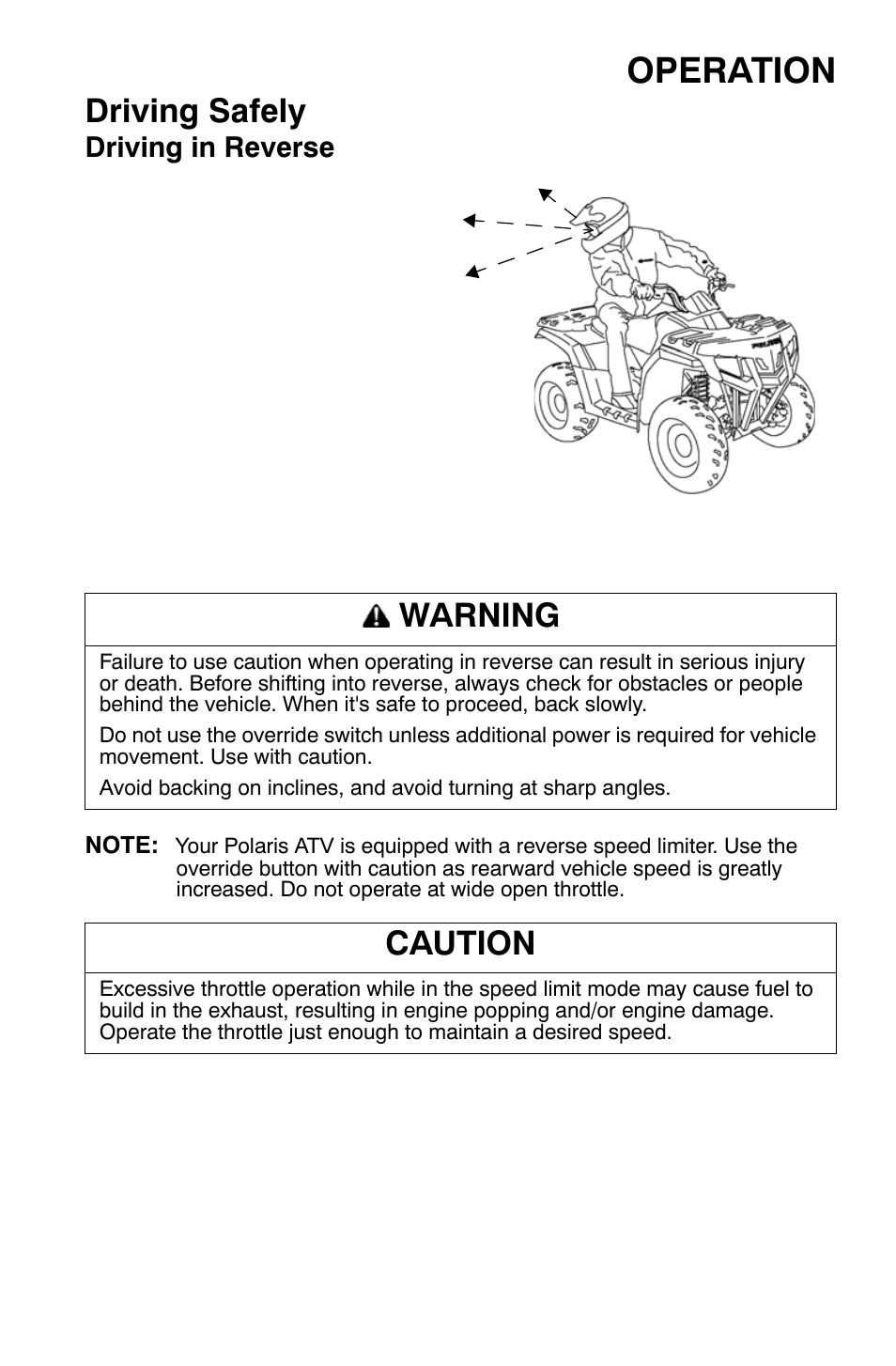 Operation, Driving safely, Warning | Caution, Driving in reverse | Polaris Sportsman 9921344 User Manual | Page 65 / 135