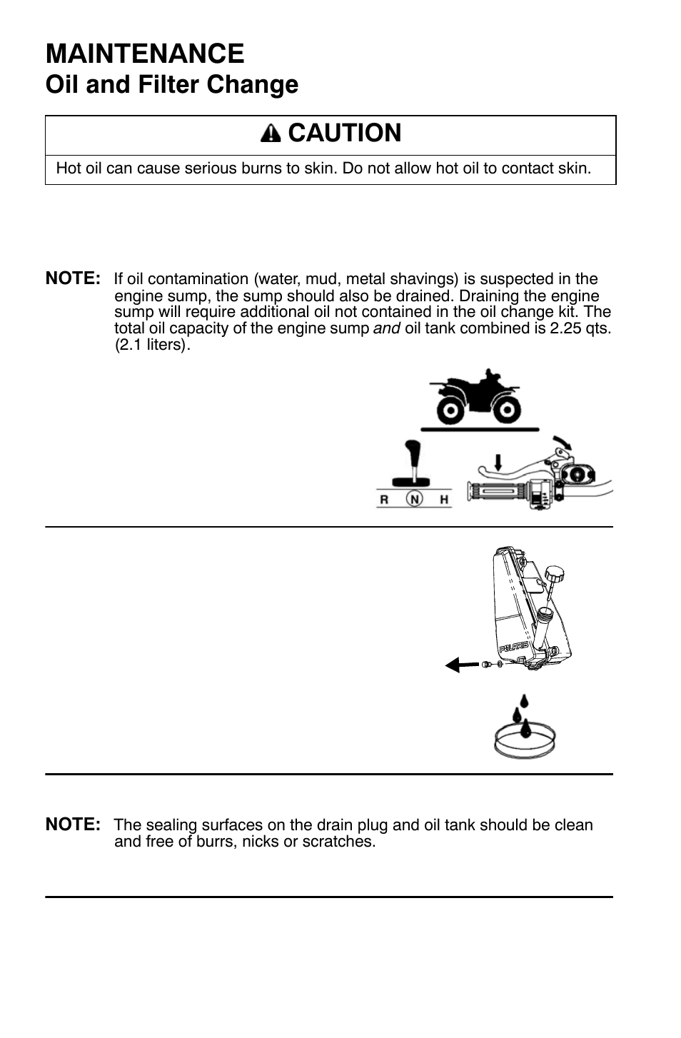 Maintenance, Oil and filter change, Caution | Polaris Sportsman 9921344 User Manual | Page 76 / 135