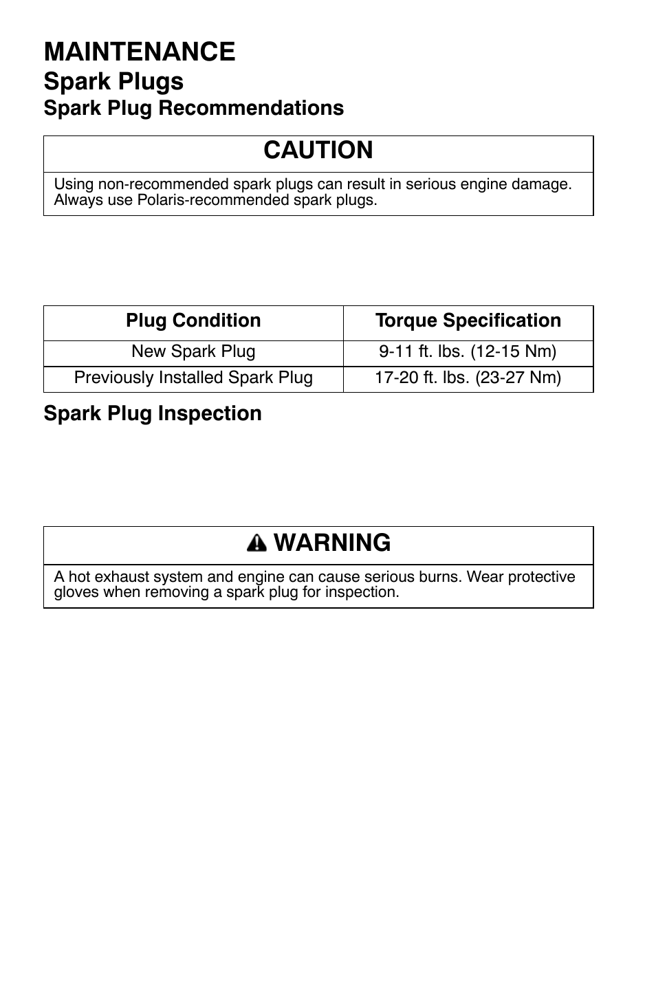 Maintenance, Spark plugs, Caution | Warning | Polaris Sportsman 9921344 User Manual | Page 98 / 135