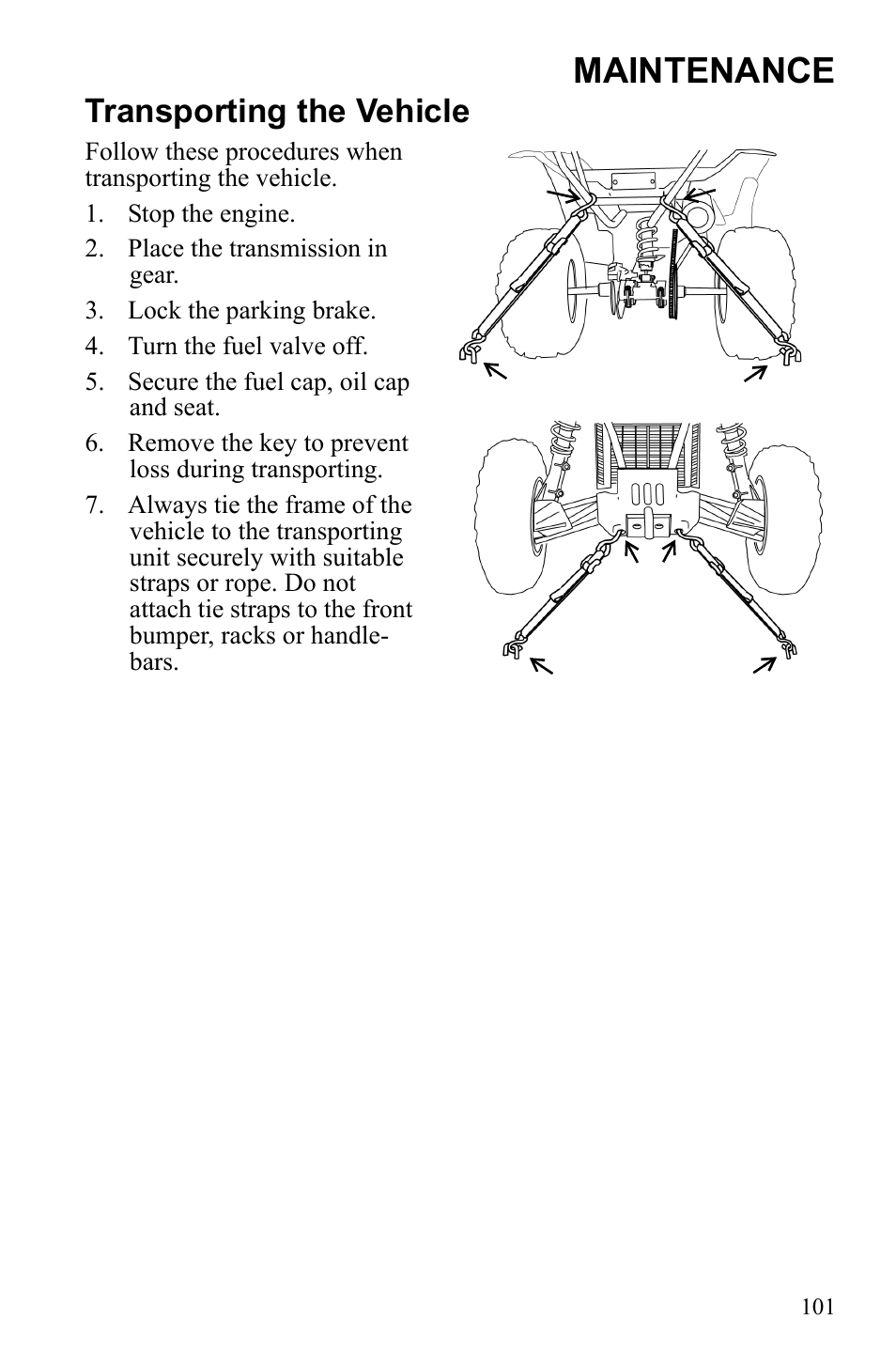 Maintenance, Transporting the vehicle | Polaris Scrambler 9922077 User Manual | Page 103 / 117