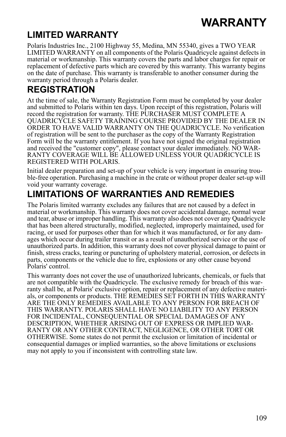 Warranty, Limited warranty, Registration | Limitations of warranties and remedies | Polaris Scrambler 9922077 User Manual | Page 111 / 117