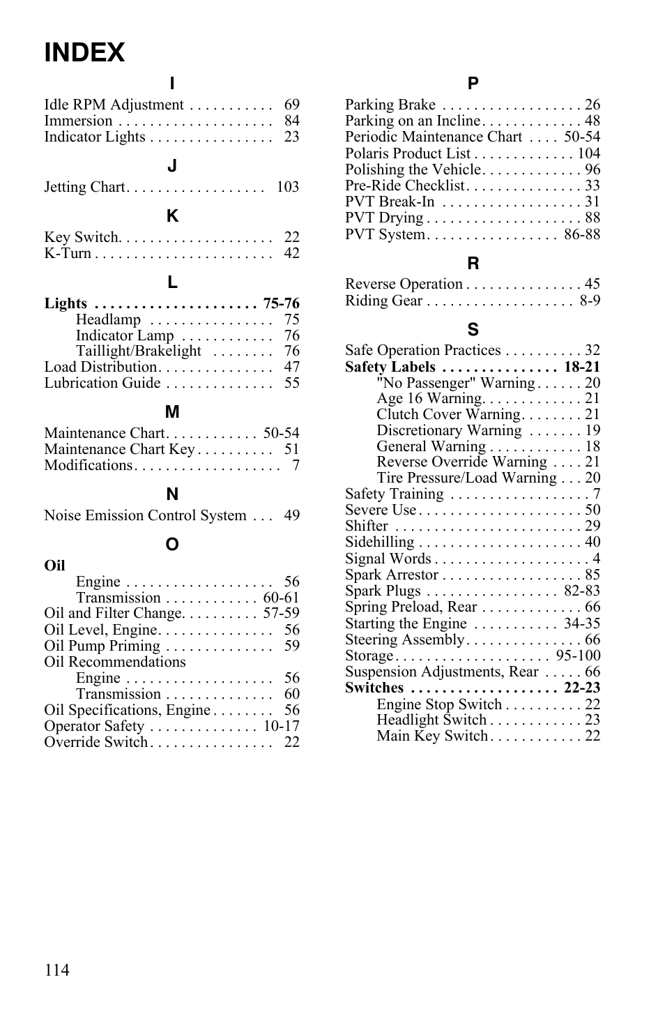 Index | Polaris Scrambler 9922077 User Manual | Page 116 / 117