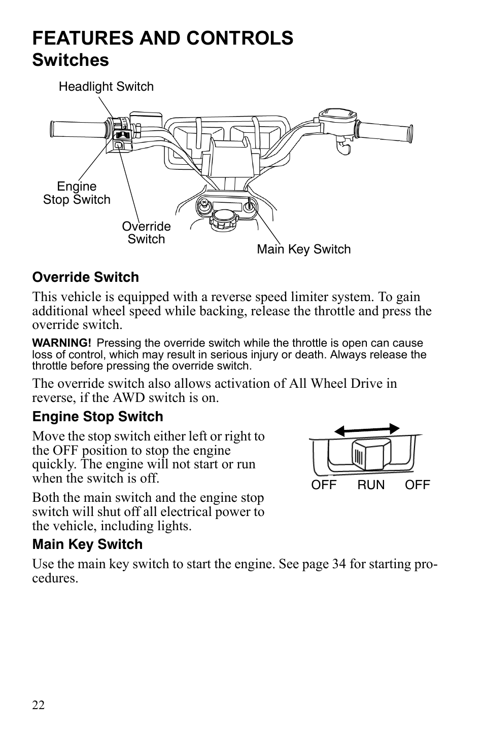 Features and controls, Switches | Polaris Scrambler 9922077 User Manual | Page 24 / 117