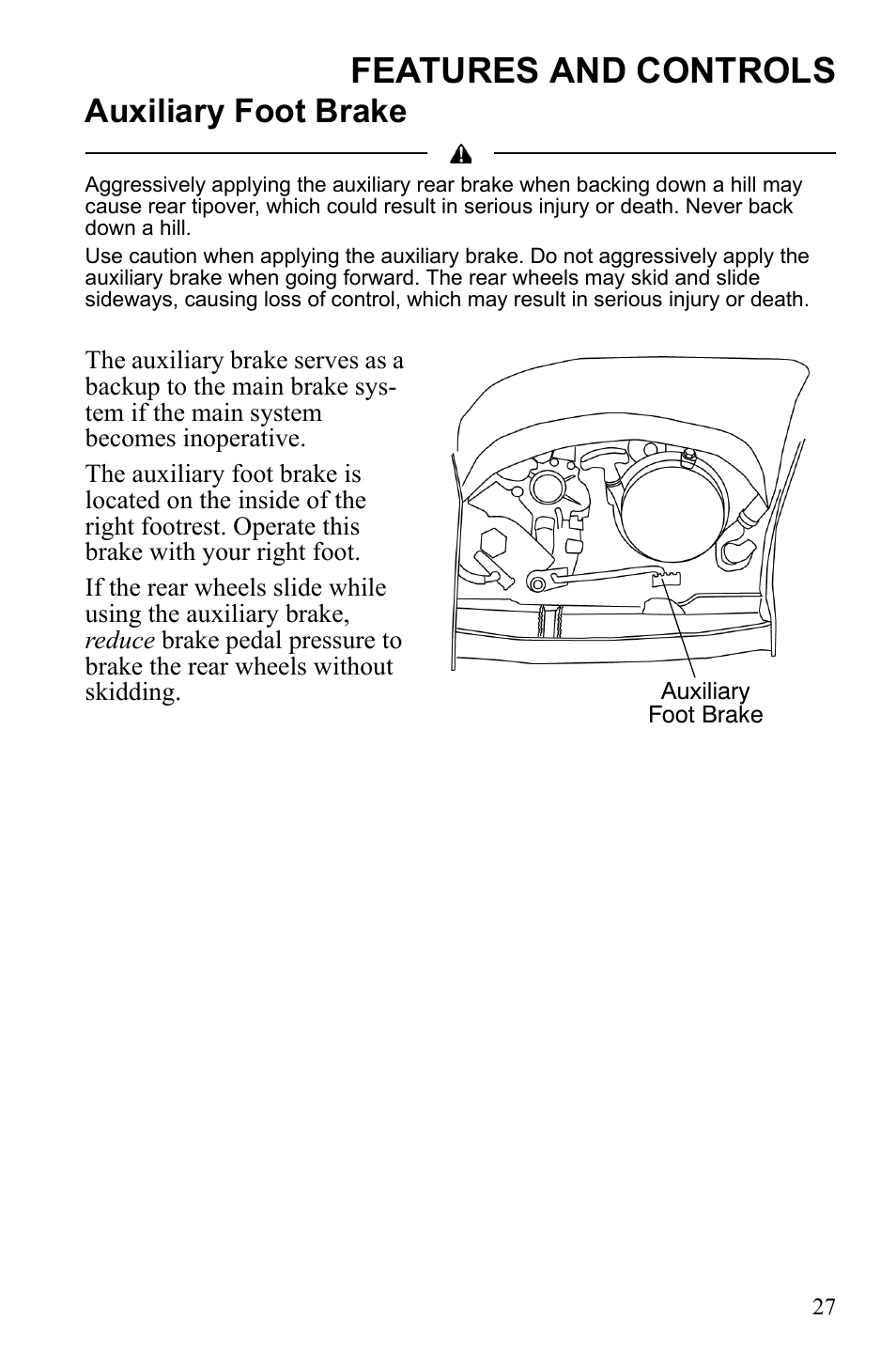 Features and controls, Auxiliary foot brake | Polaris Scrambler 9922077 User Manual | Page 29 / 117