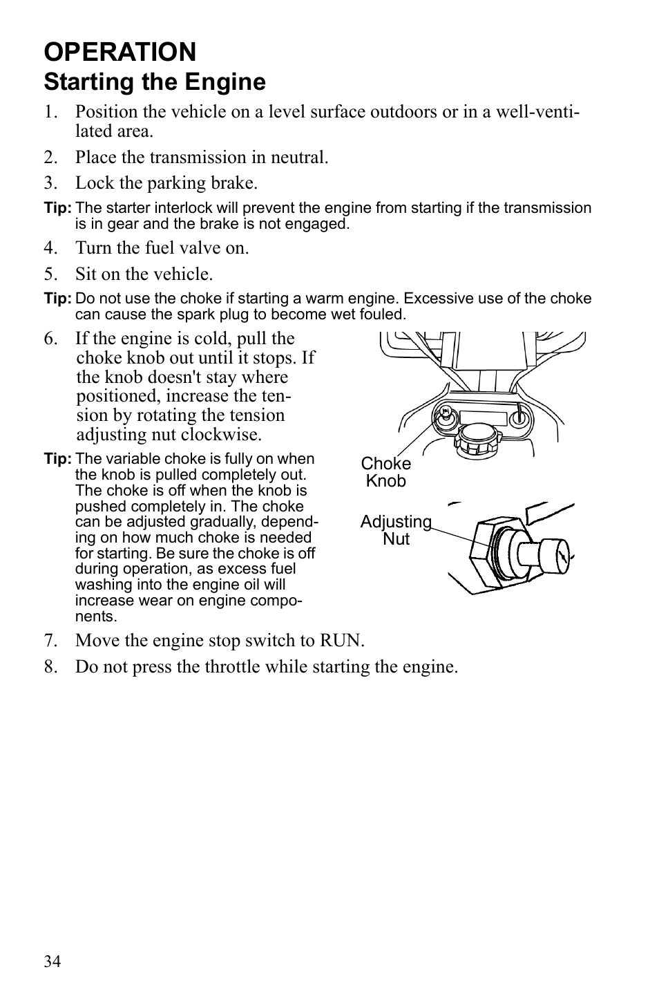 Operation, Starting the engine | Polaris Scrambler 9922077 User Manual | Page 36 / 117