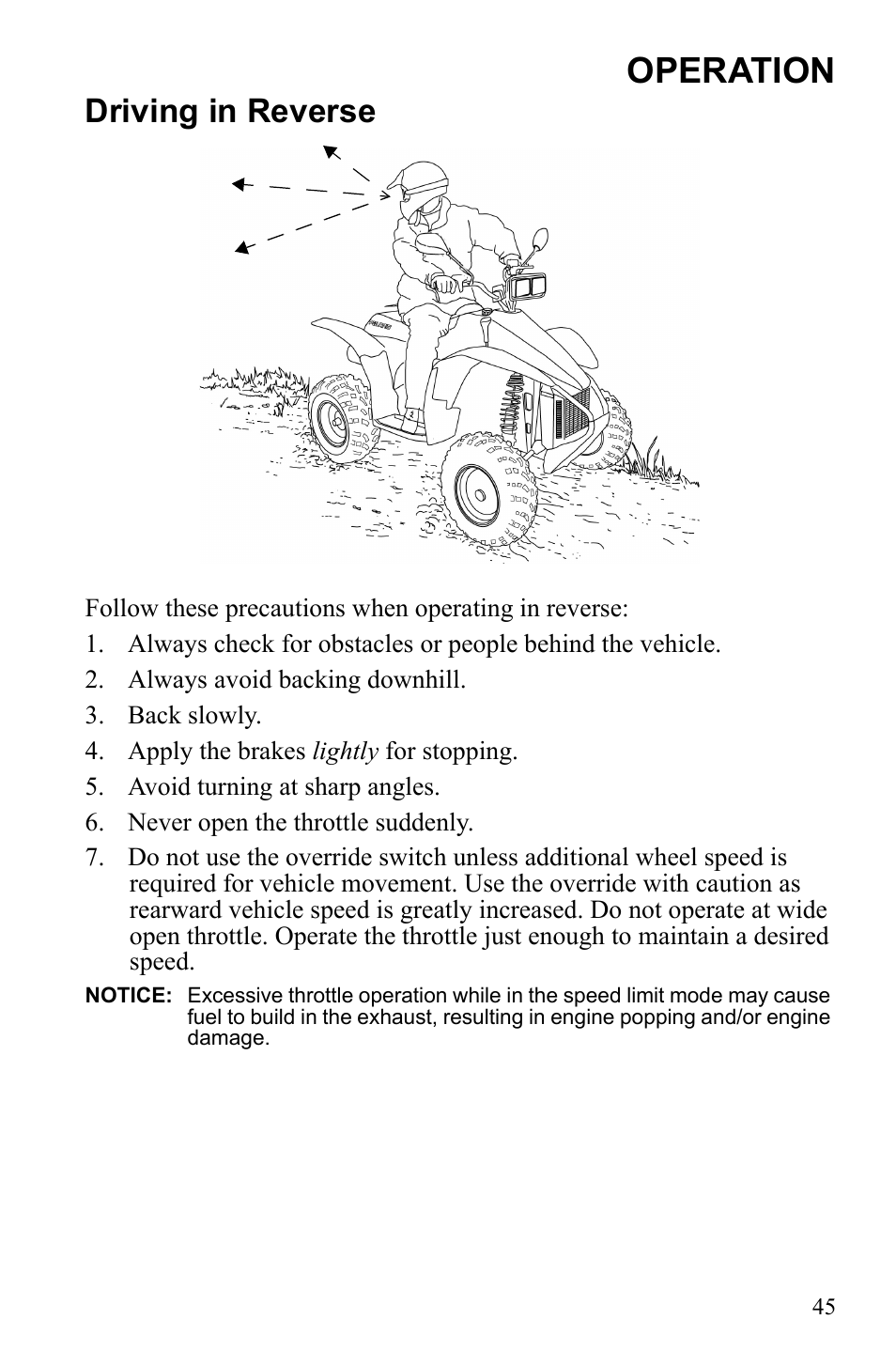 Operation, Driving in reverse | Polaris Scrambler 9922077 User Manual | Page 47 / 117