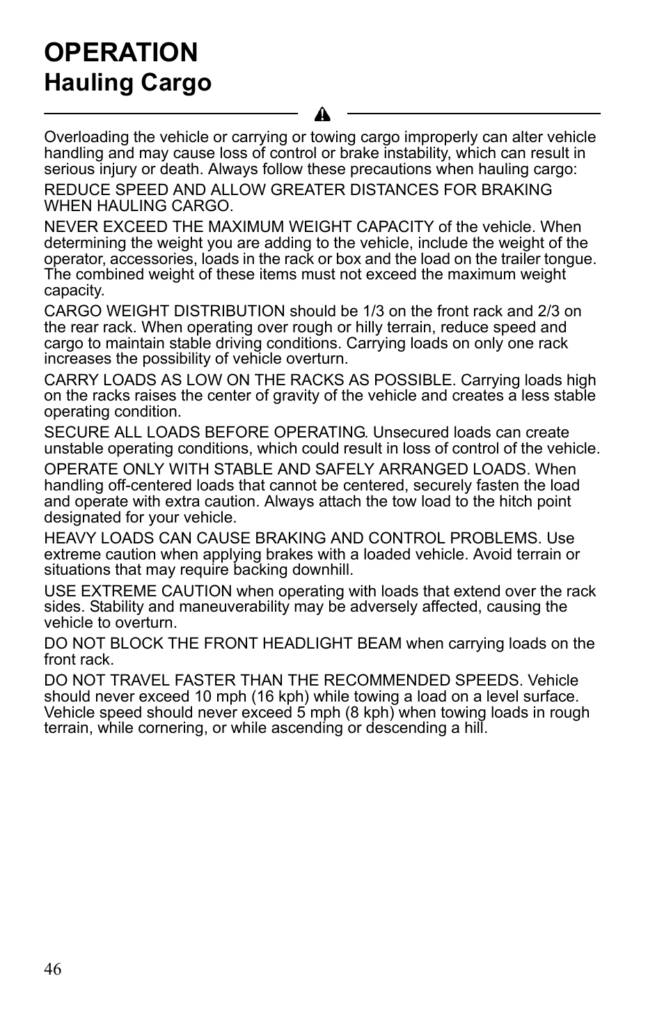 Operation, Hauling cargo | Polaris Scrambler 9922077 User Manual | Page 48 / 117