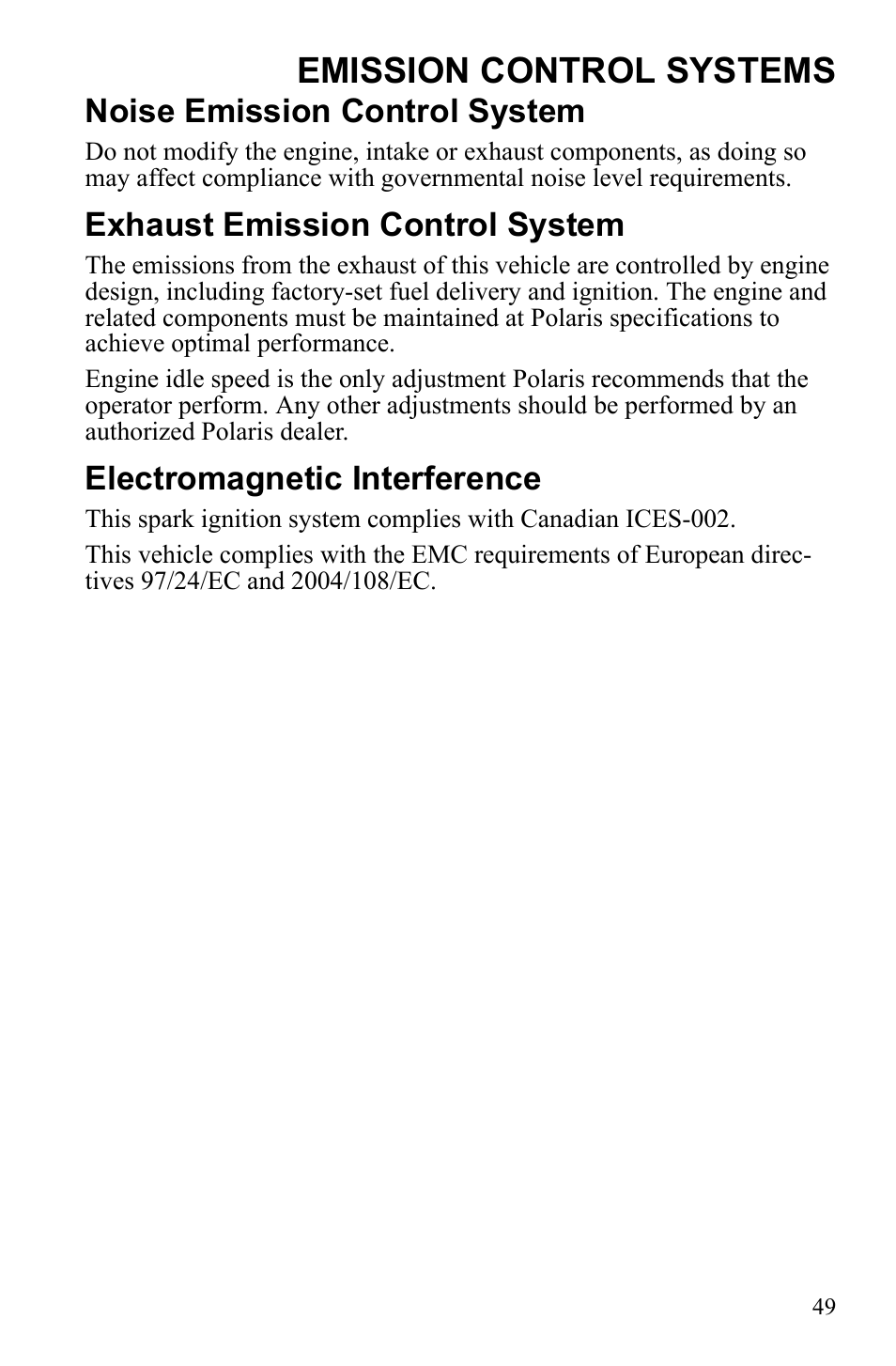 Emission control systems, Noise emission control system, Exhaust emission control system | Electromagnetic interference | Polaris Scrambler 9922077 User Manual | Page 51 / 117