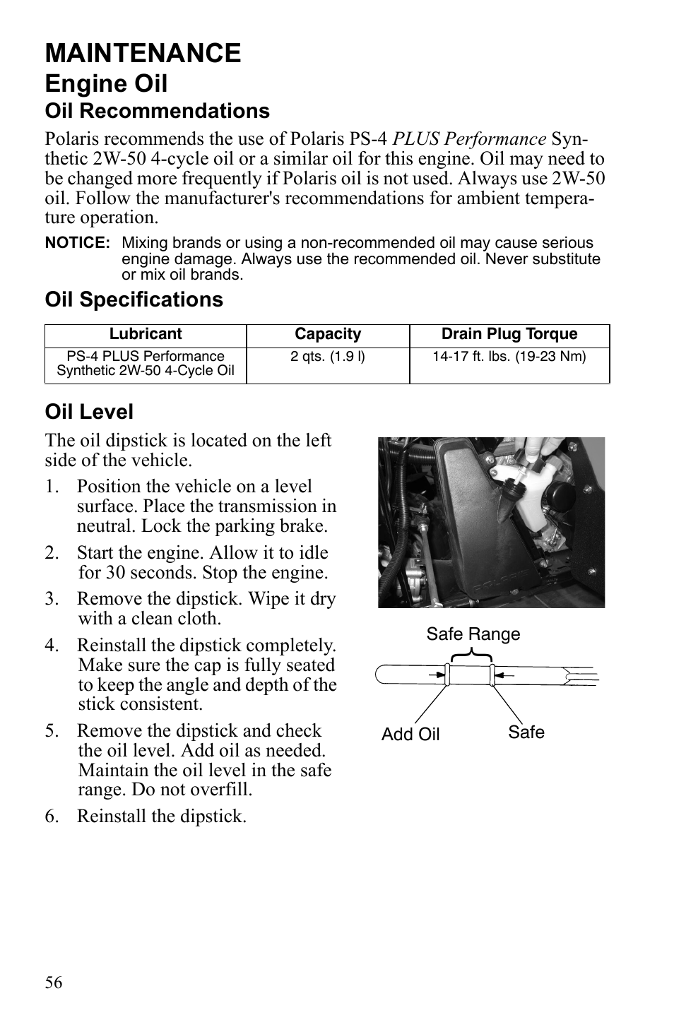 Maintenance, Engine oil | Polaris Scrambler 9922077 User Manual | Page 58 / 117