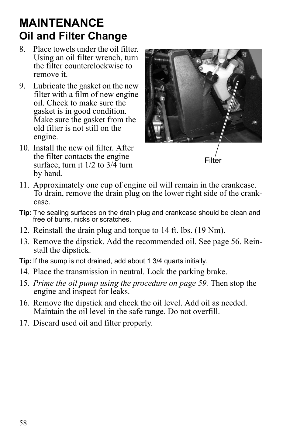 Maintenance, Oil and filter change | Polaris Scrambler 9922077 User Manual | Page 60 / 117