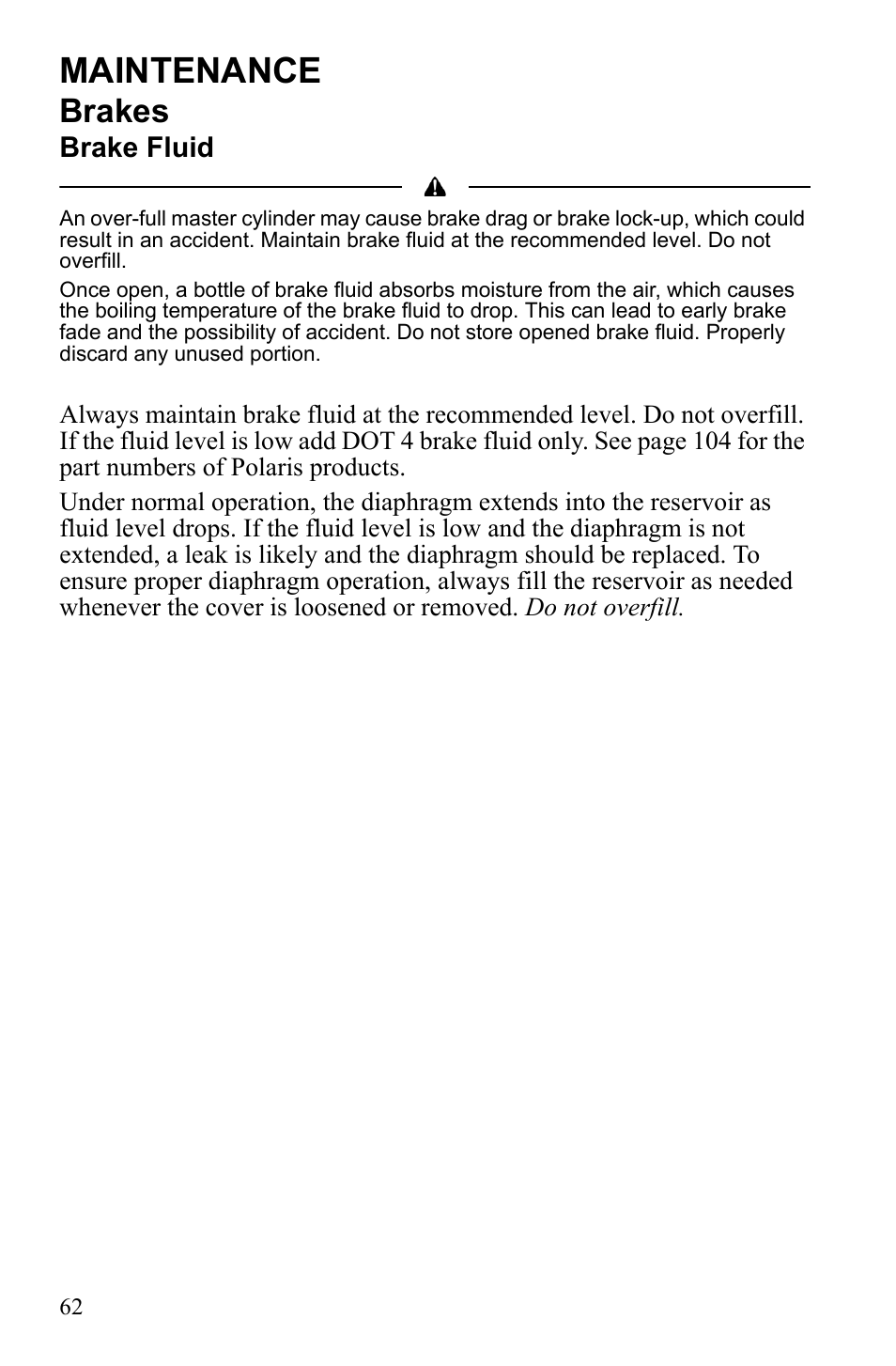 Maintenance, Brakes, Brake fluid | Polaris Scrambler 9922077 User Manual | Page 64 / 117