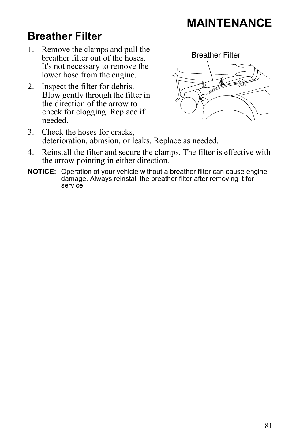 Maintenance, Breather filter | Polaris Scrambler 9922077 User Manual | Page 83 / 117