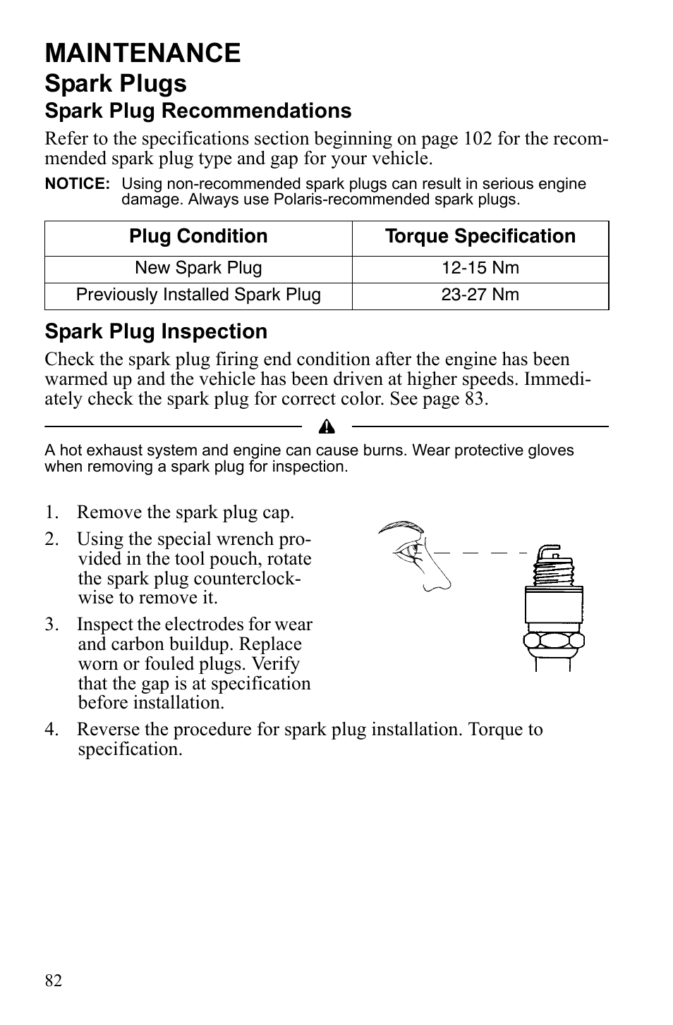 Maintenance, Spark plugs | Polaris Scrambler 9922077 User Manual | Page 84 / 117